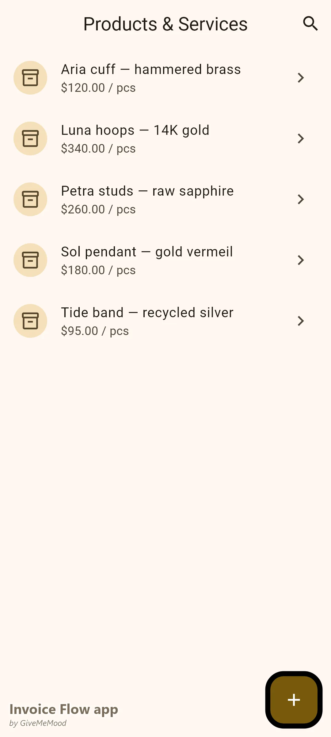 Invoice Flow app products screen of a jewelry designer — signature hoops, rings, pendants and studs with tracked stock quantities and low-stock thresholds