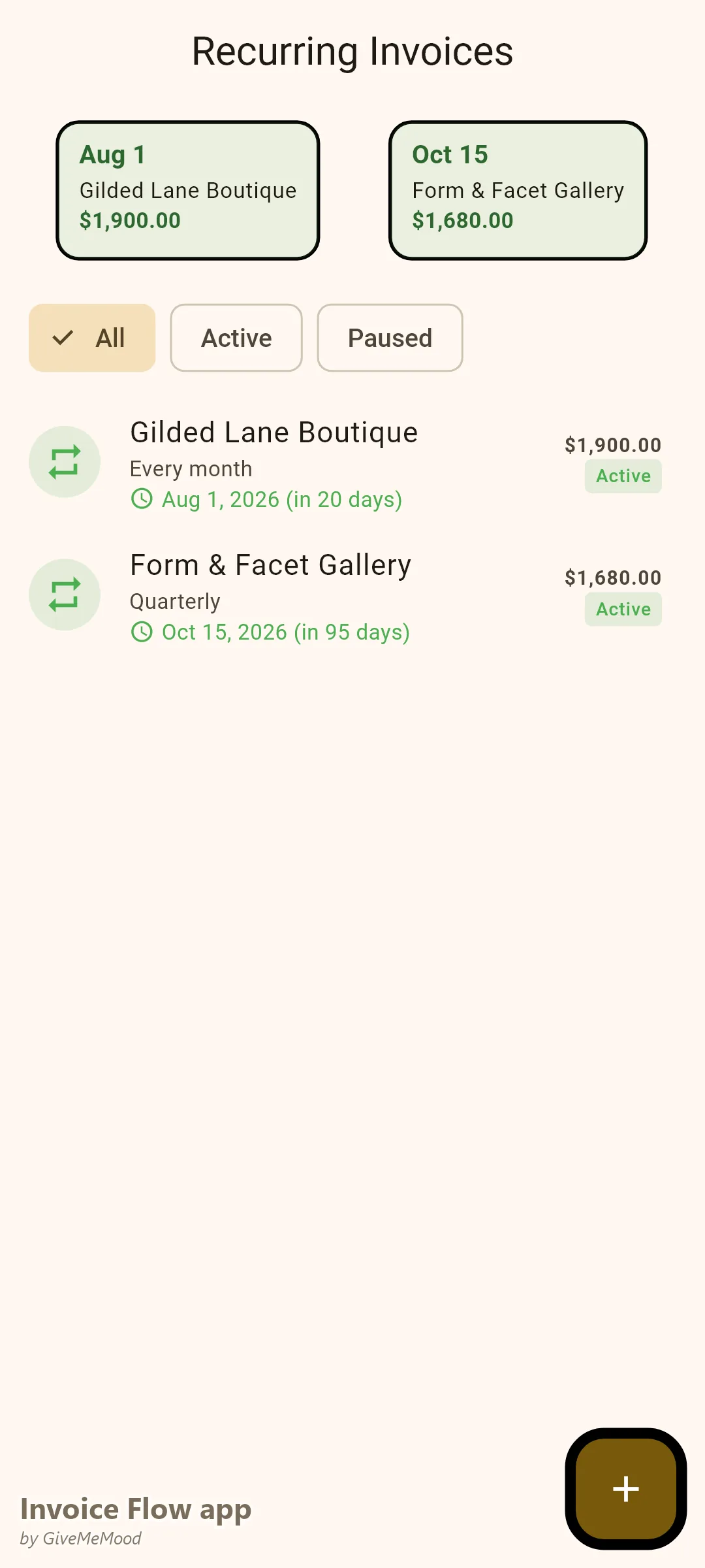 Invoice Flow app recurring invoices of a jewelry designer — a monthly boutique restock order and a quarterly gallery consignment settlement