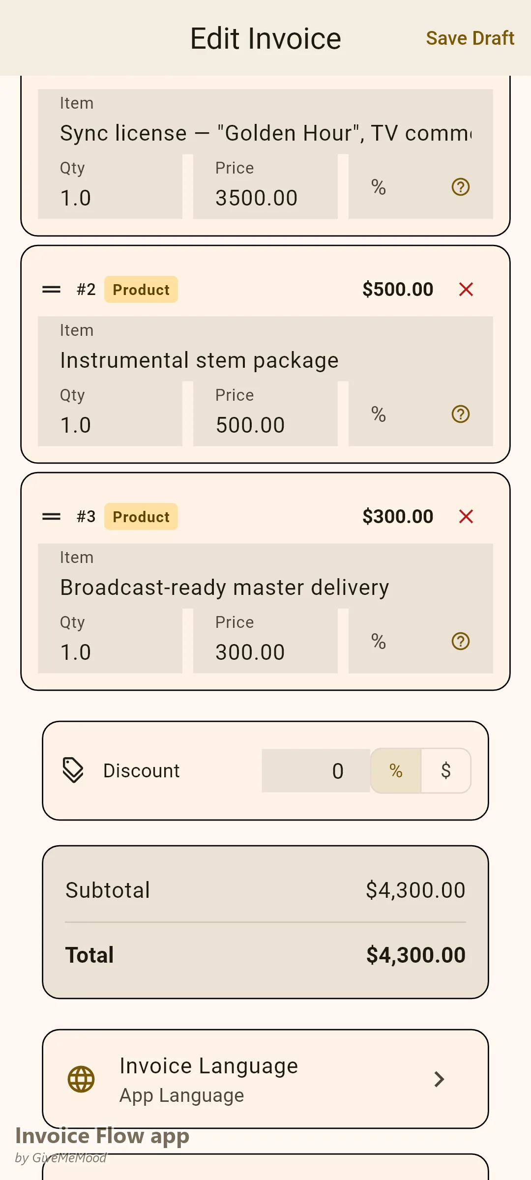 Invoice Flow app invoice editor of a musician — a 12-month North America TV sync license, an instrumental stem package and broadcast-ready master delivery