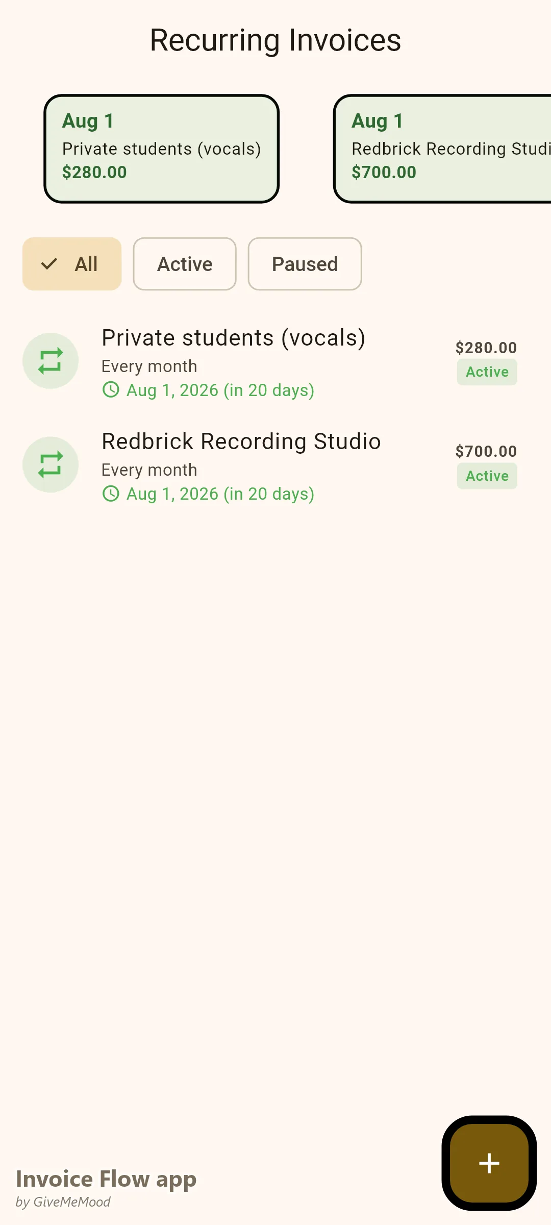 Invoice Flow app recurring invoices of a musician — monthly vocal coaching for private students and a house-band residency generating on schedule