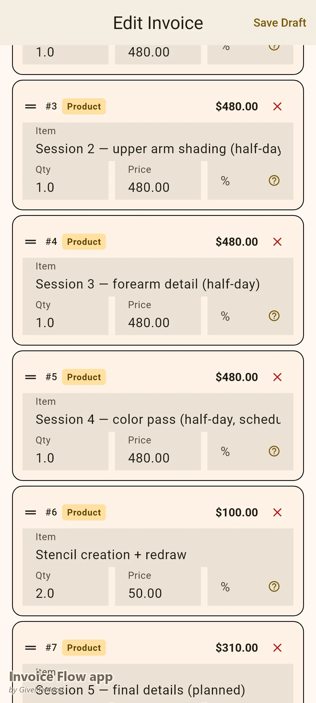Invoice Flow app invoice editor of a tattoo artist — booking deposit, five sleeve sessions from outline to final details plus stencil fees, three sessions paid