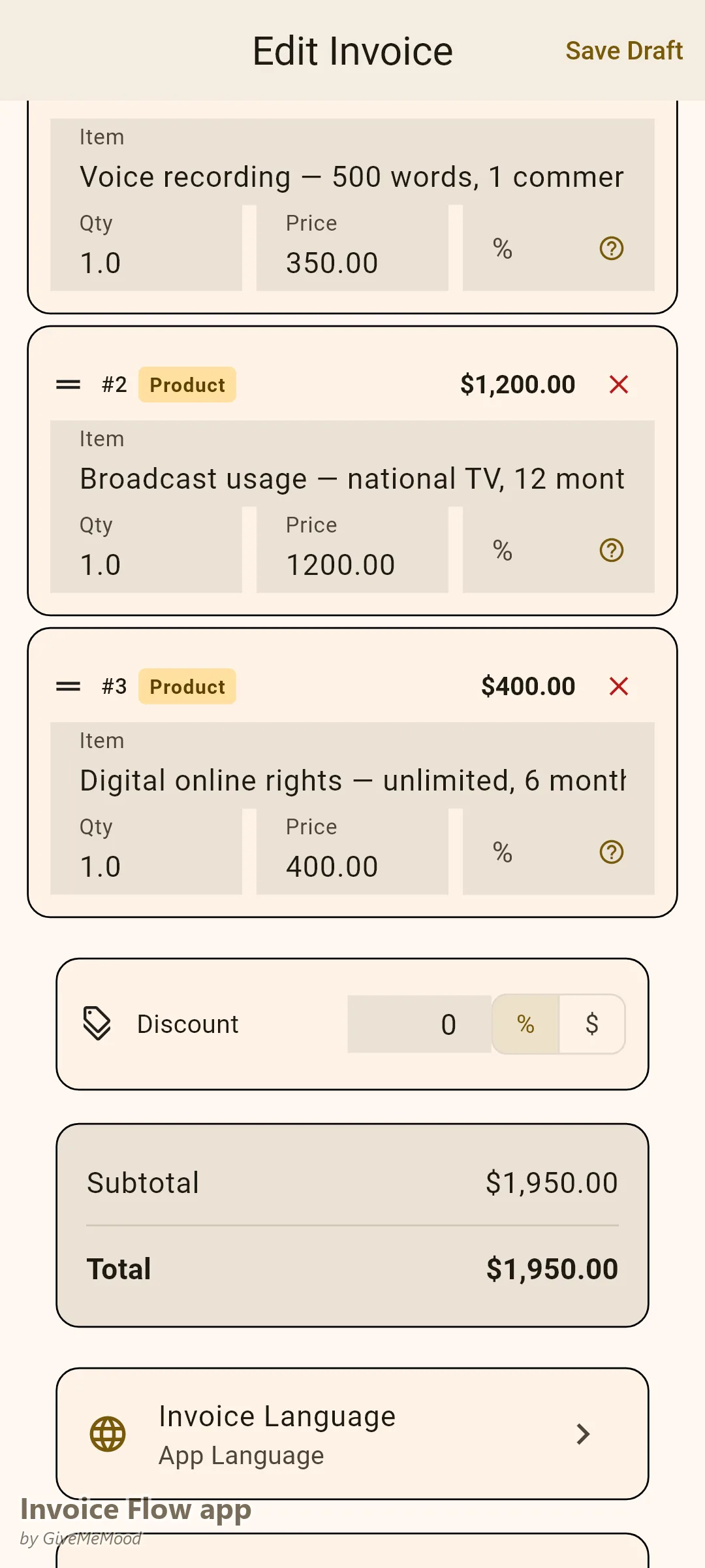 Invoice Flow app invoice editor of a voiceover artist — recording fee, 12-month national TV broadcast rights and 6-month unlimited digital rights on separate lines