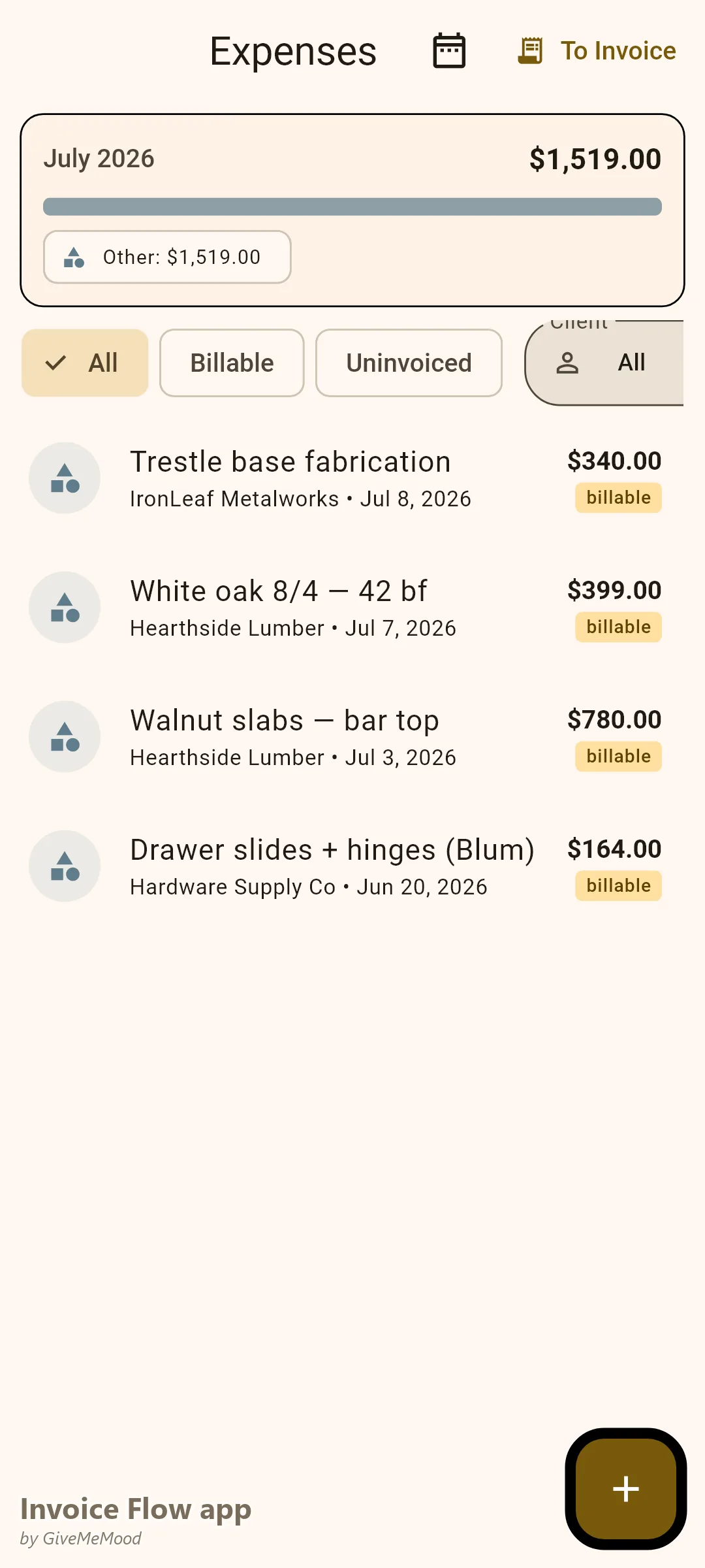 Invoice Flow app expense tracker of a woodworker — billable white oak, a fabricated trestle base, walnut slabs and Blum hardware