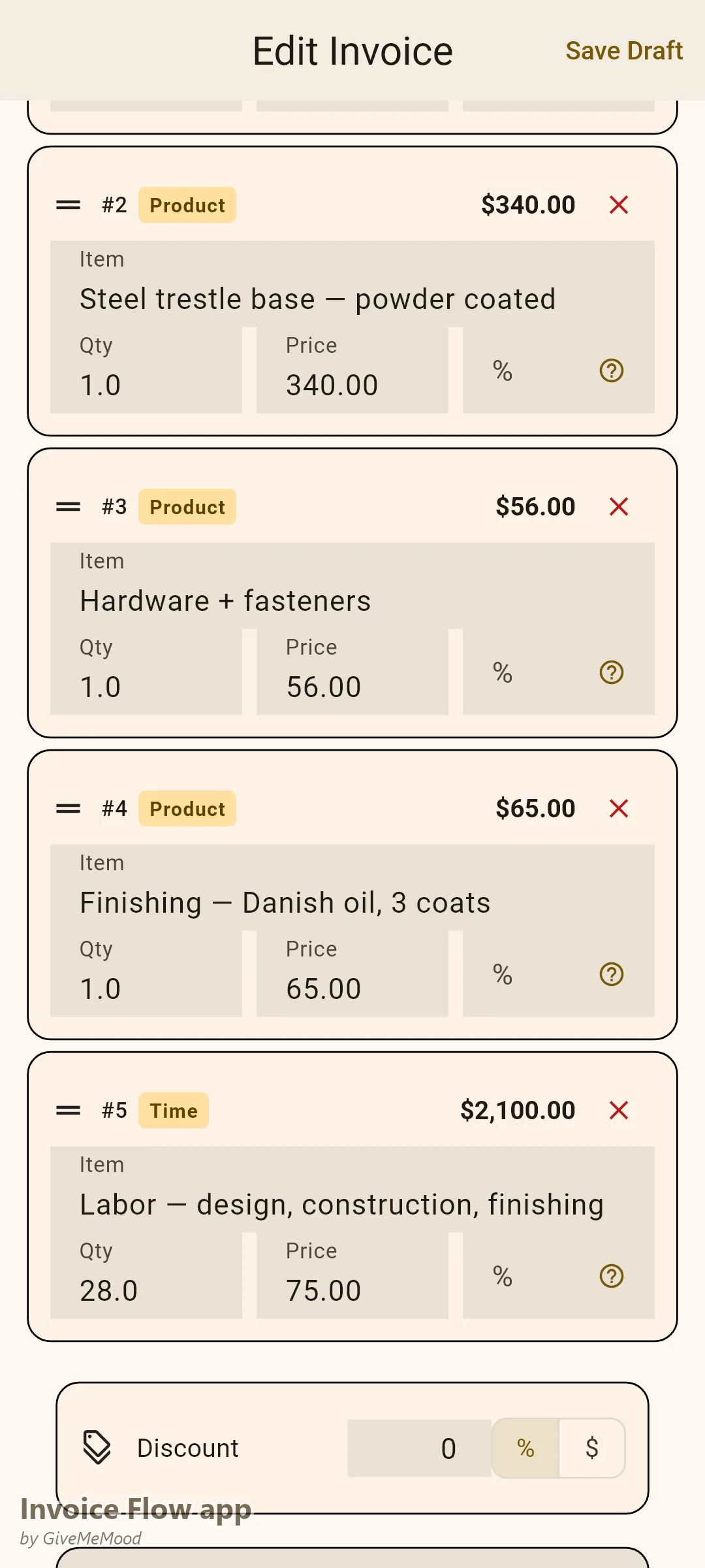 Invoice Flow app invoice editor of a woodworker — white oak by the board foot, steel trestle base, hardware, finishing and 28 hours of labor with deposit recorded