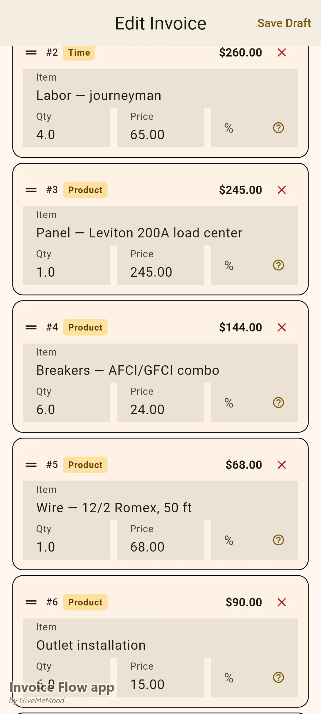 Invoice Flow app invoice editor of an electrician — master and journeyman labor hours, a 200A panel, breakers, Romex wire, outlet installs and permit coordination