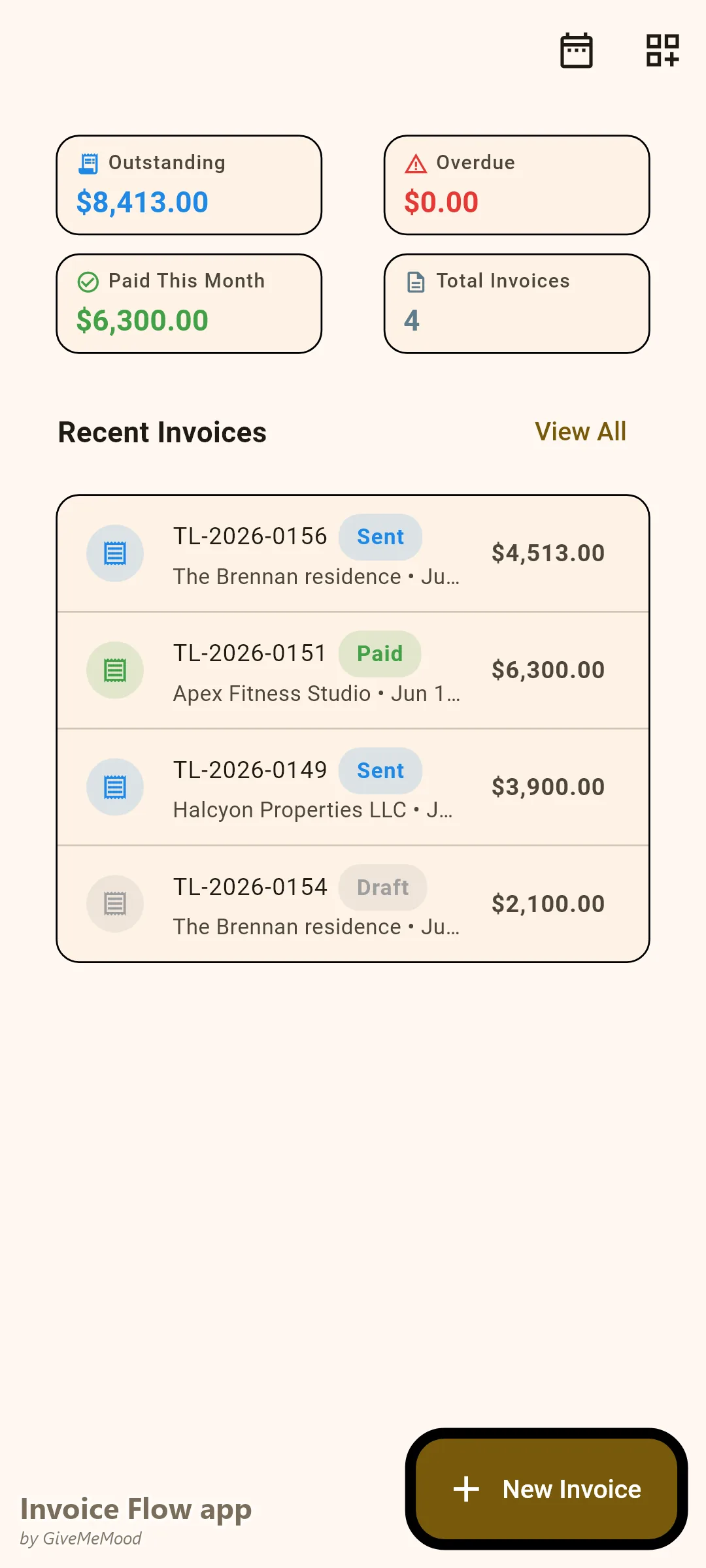 Invoice Flow app dashboard of a flooring contractor — outstanding and overdue totals and recent jobs with paid, sent and draft statuses