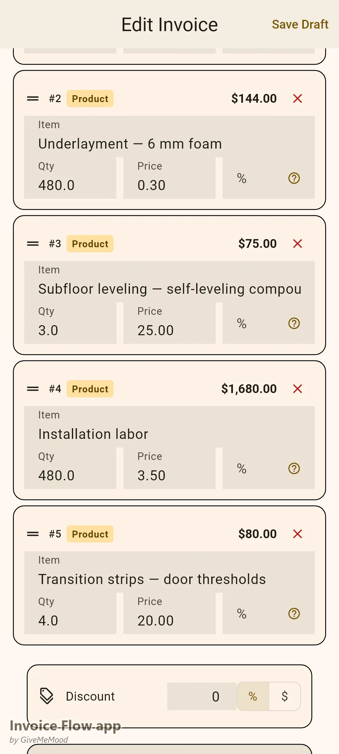 Invoice Flow app invoice editor of a flooring contractor — engineered hardwood with 10% waste factor, underlayment, subfloor leveling, per-square-foot labor and transition strips