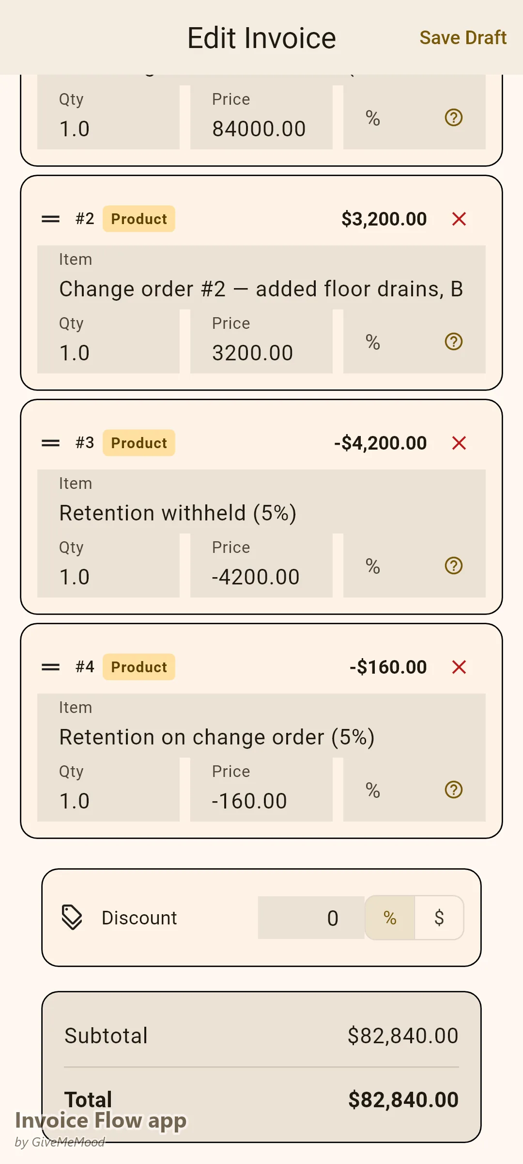 Invoice Flow app invoice editor of a general contractor — MEP rough-in milestone, a documented change order and 5% retention withheld as negative line items