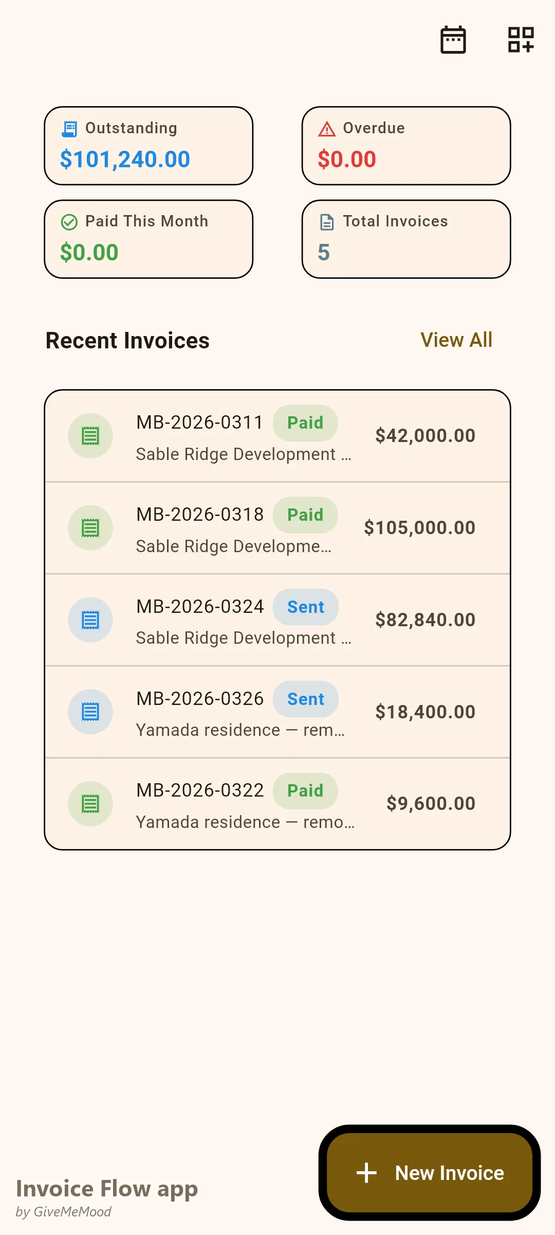 Invoice Flow app dashboard of a general contractor — outstanding and overdue totals across active projects with recent milestone invoices by status