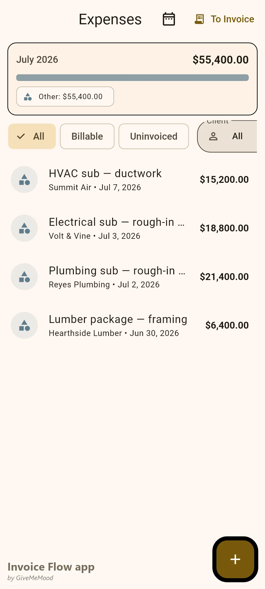 Invoice Flow app expense tracker of a general contractor — plumbing, electrical and HVAC subcontractor draws plus a framing lumber package tied to projects