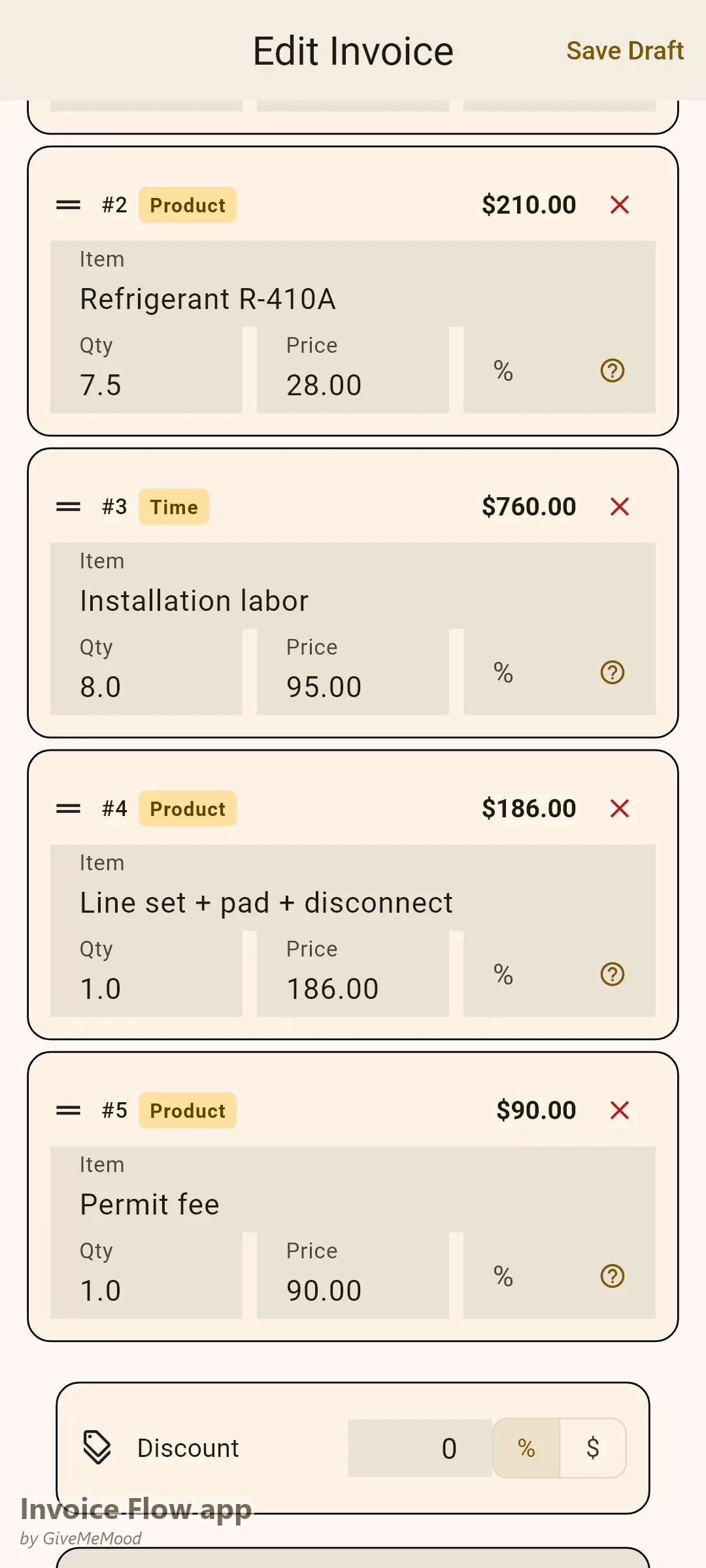 Invoice Flow app invoice editor of an HVAC technician — 3-ton condenser unit, refrigerant by the pound, installation labor, line set and permit with warranty custom fields