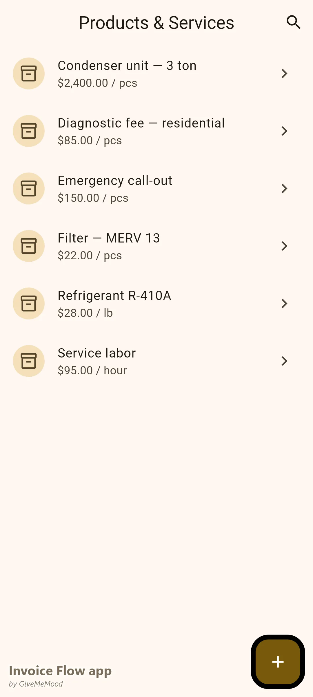 Invoice Flow app products screen of an HVAC business — condenser units, refrigerant per pound, service labor, diagnostic fee, emergency call-out and filters