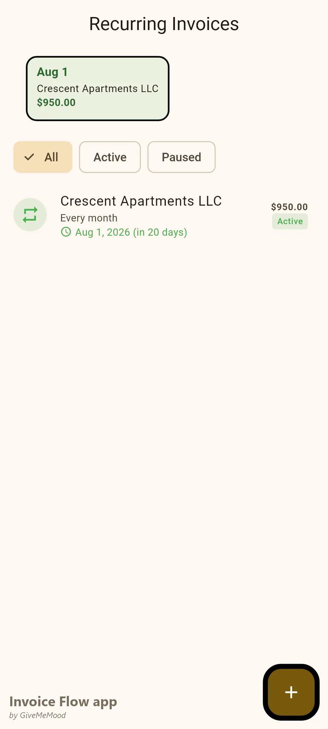 Invoice Flow app recurring invoices of a painter — a monthly apartment turnover painting and touch-up contract generating automatically