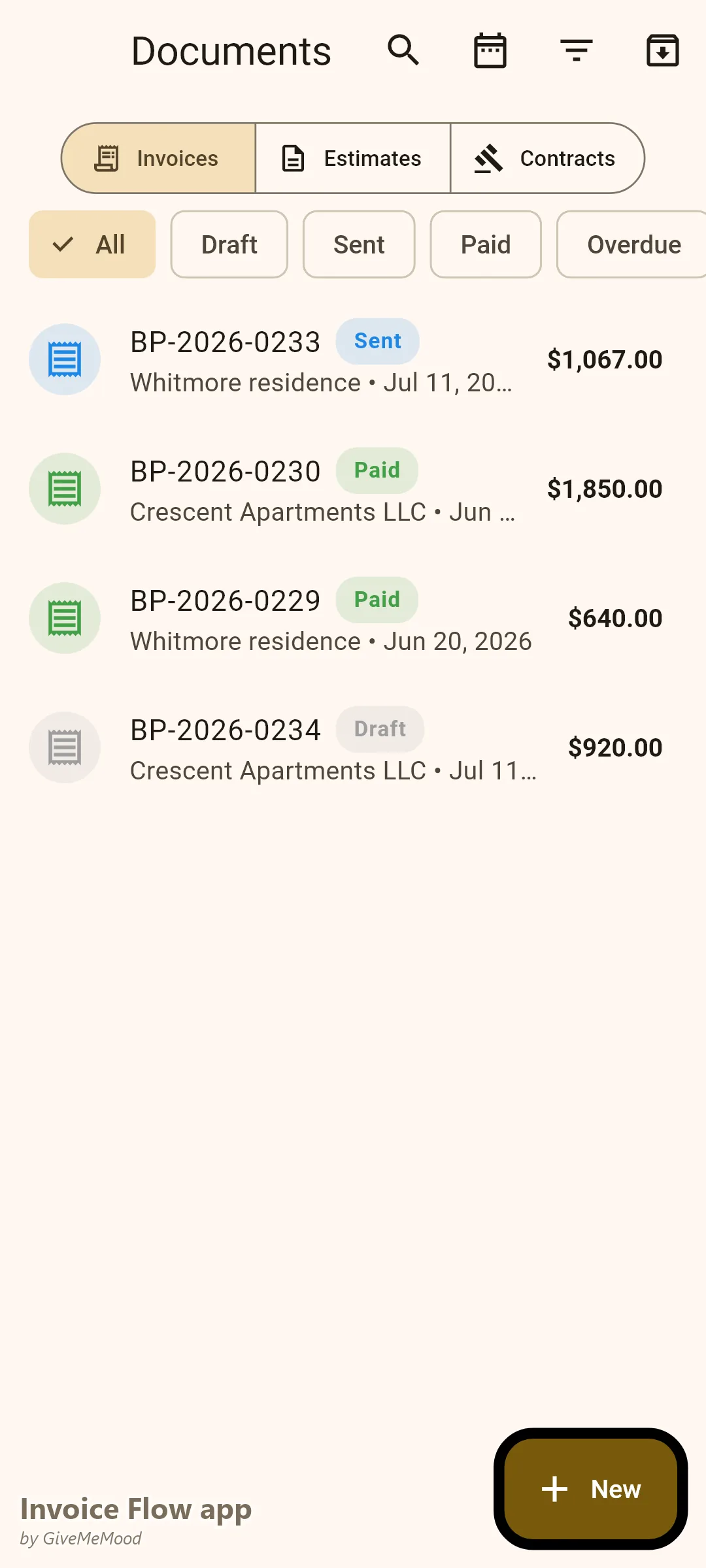 Invoice Flow app documents of a painting business — an office repaint quote out, a residential job invoiced same-day, paid work and a drafted turnover job