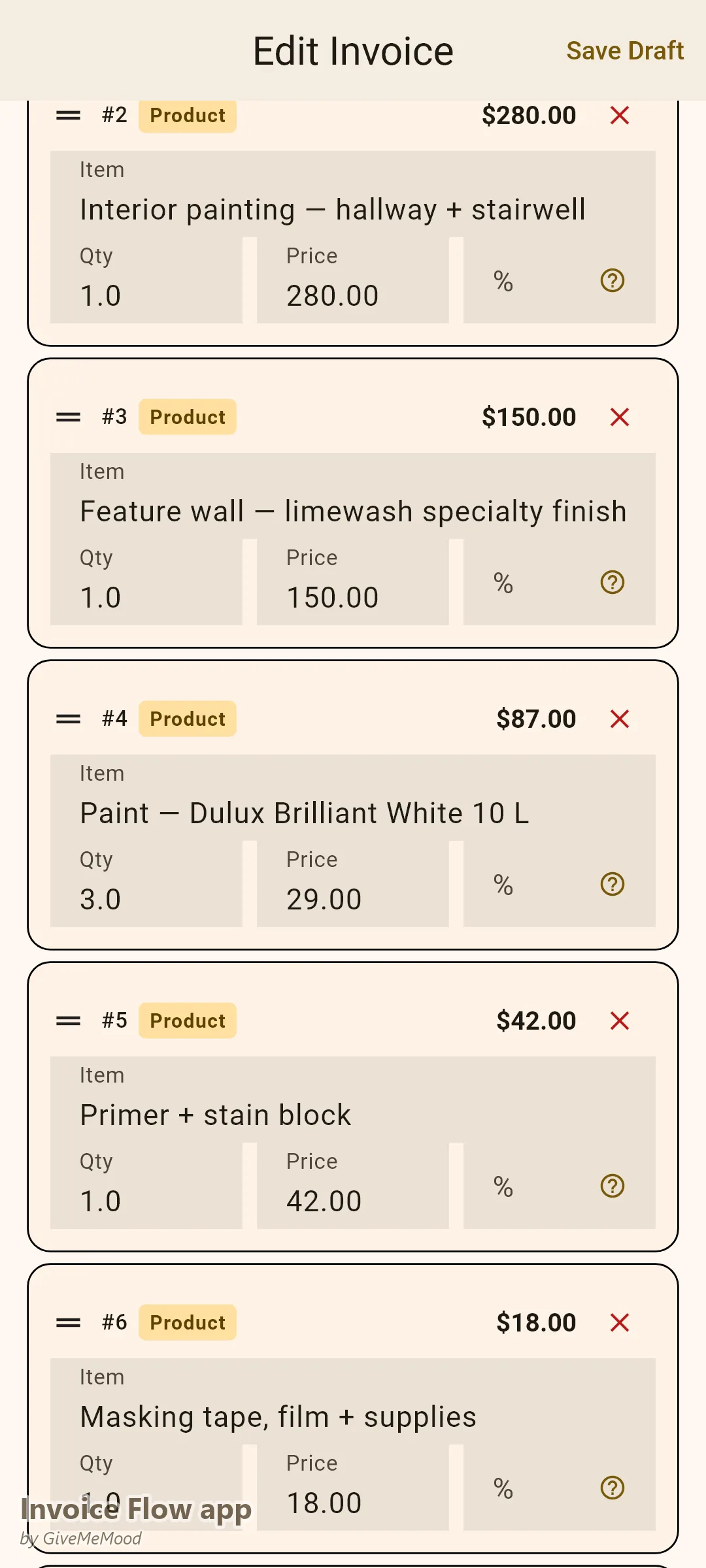 Invoice Flow app invoice editor of a painter — living room and hallway per room, a limewash feature wall, paint and primer at cost, supplies and a ceiling variation