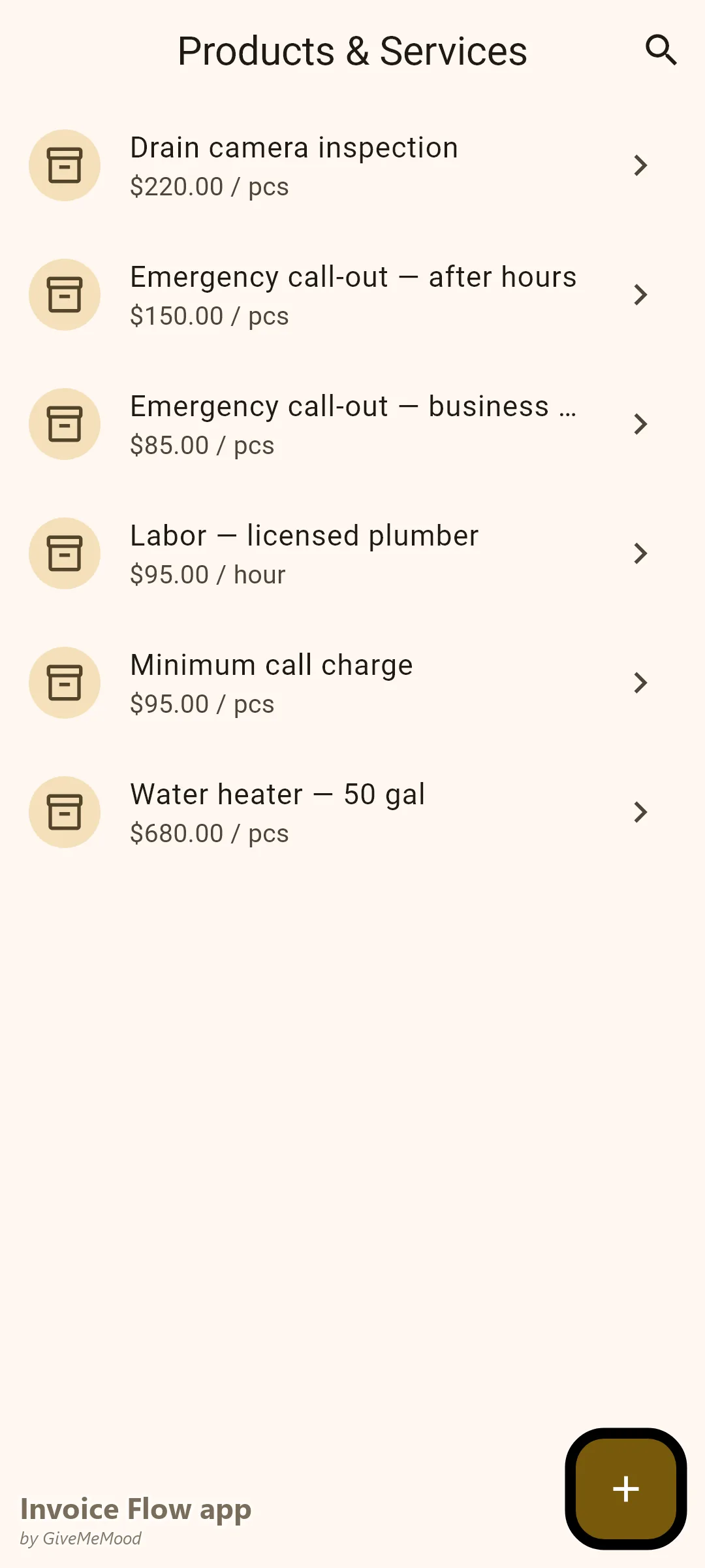 Invoice Flow app products screen of a plumber — licensed labor rate, business-hours and after-hours call-out fees, minimum call charge and equipment pricing