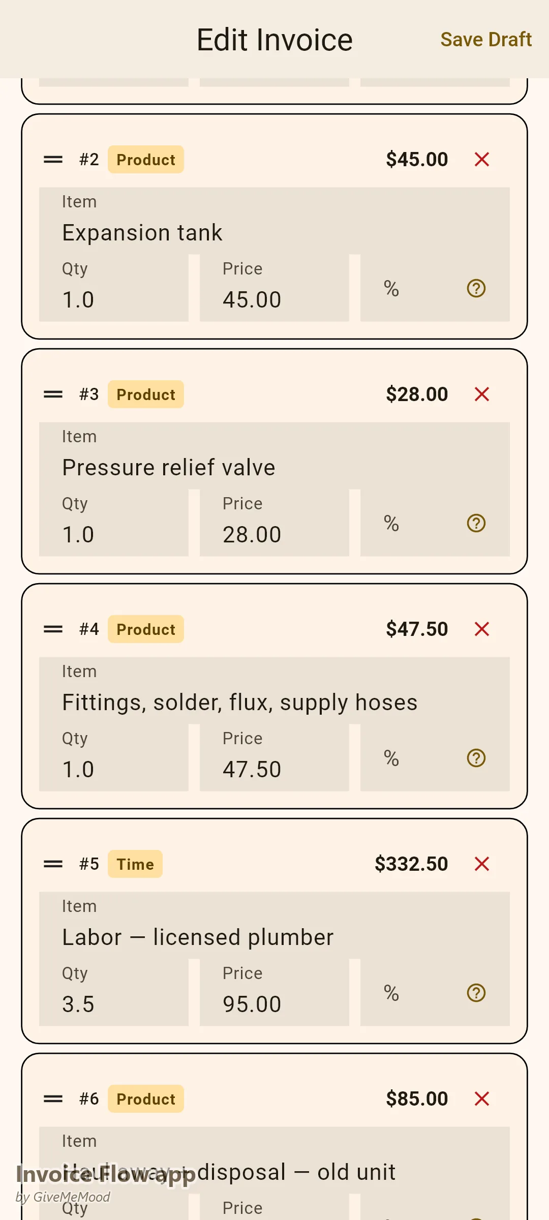 Invoice Flow app invoice editor of a plumber — 50-gallon heater, expansion tank, relief valve, fittings, 3.5 hours of licensed labor and old-unit disposal