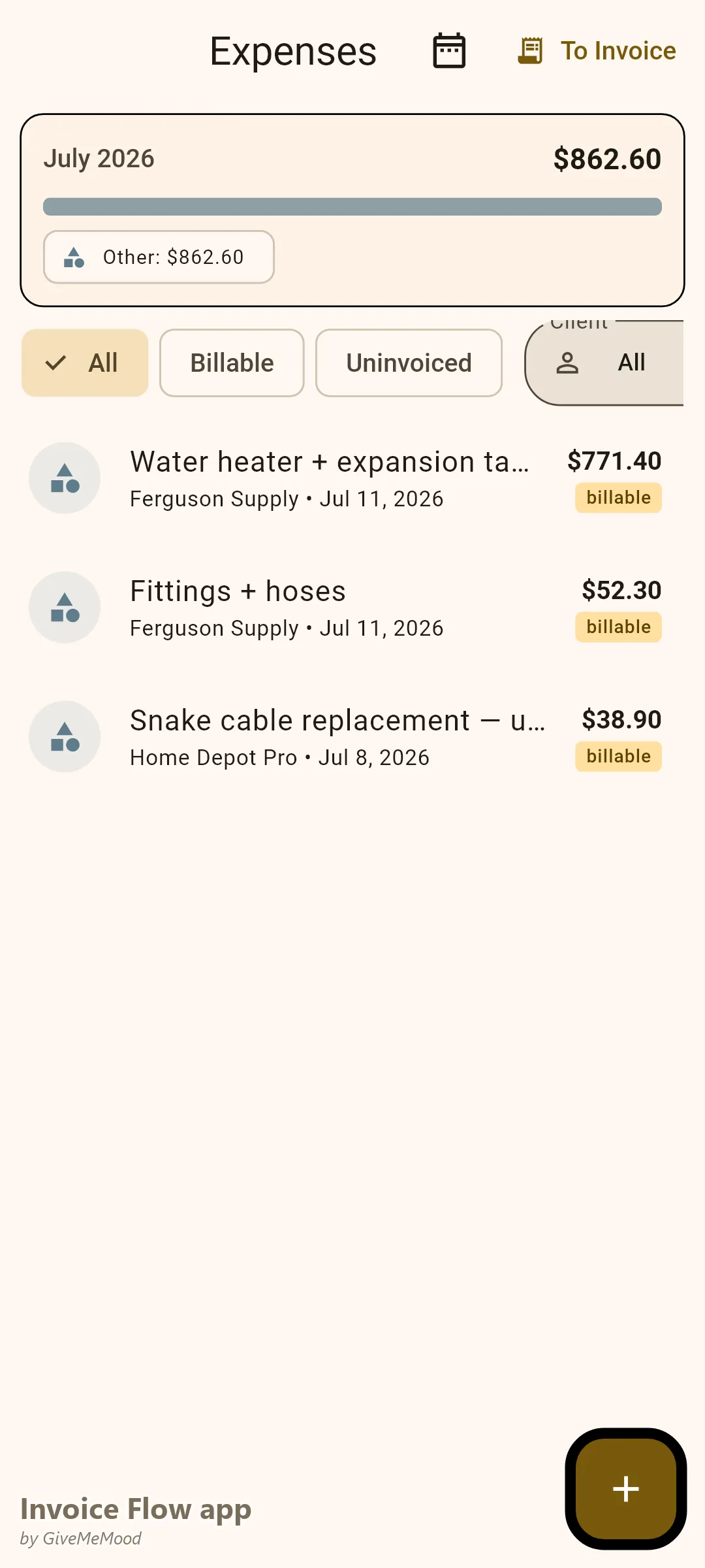 Invoice Flow app expense tracker of a plumber — the heater and expansion tank, fittings and hoses and a snake cable, billable to the job