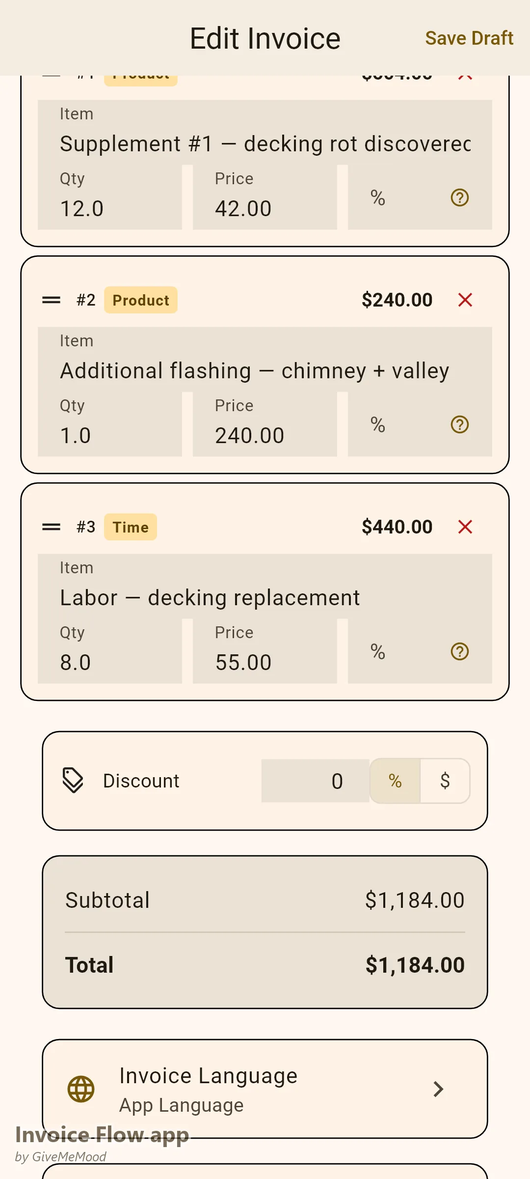 Invoice Flow app supplement invoice for a storm claim — rotted decking found at tear-off, additional flashing and extra labor with claim number and adjuster on record