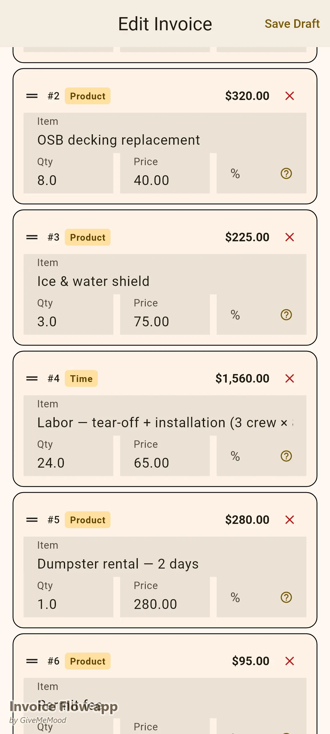 Invoice Flow app invoice editor of a roofer — 45 squares of architectural shingles, decking replacement, ice and water shield, crew labor, dumpster and permit