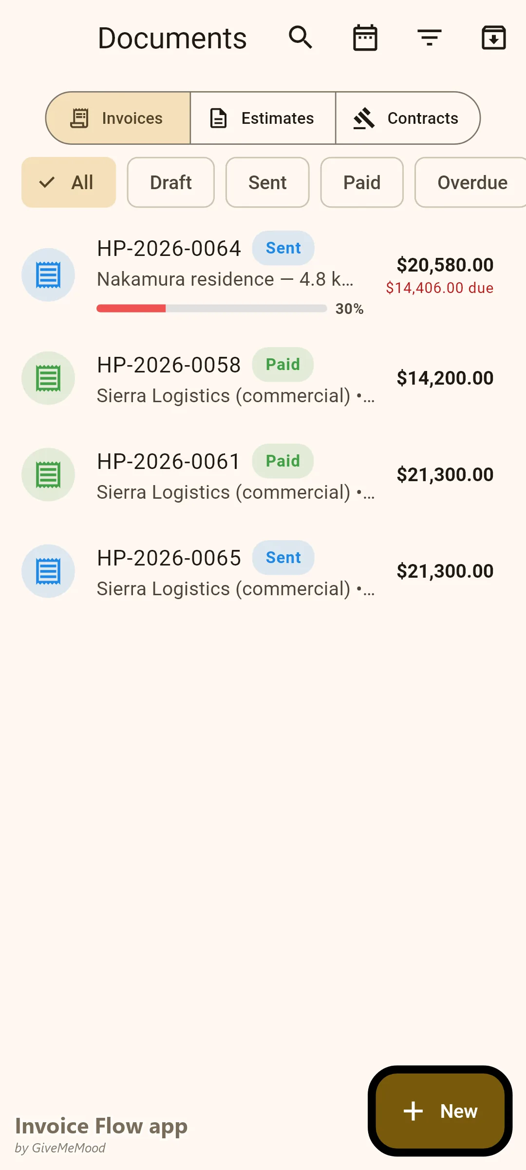 Invoice Flow app documents of a solar company — design and procurement milestones paid on a 120 kW rooftop project, installation milestone sent and a residential system with deposit