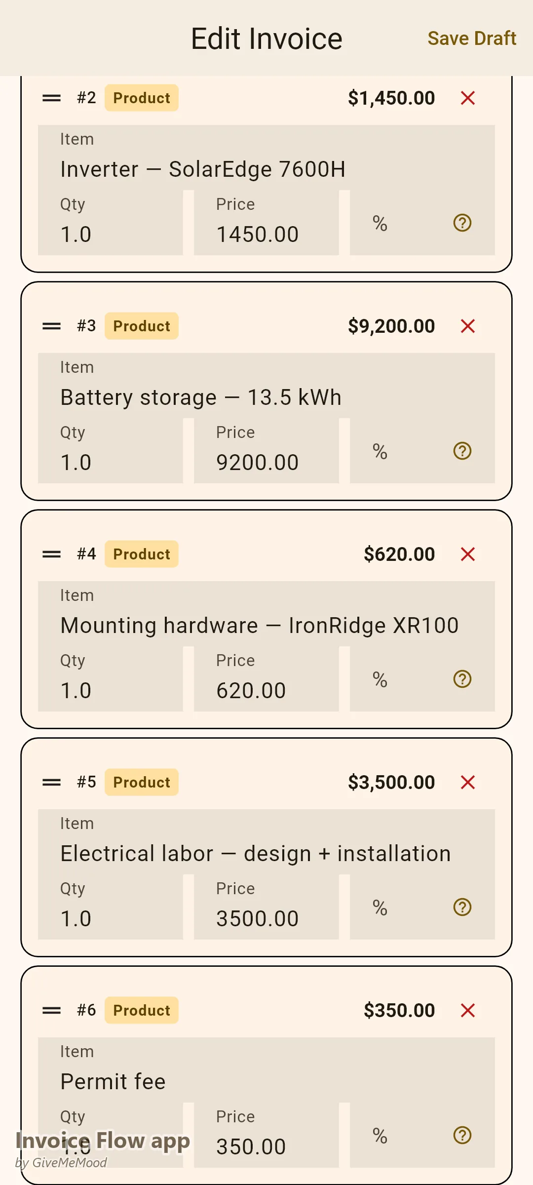 Invoice Flow app invoice editor of a solar installer — 12 panels, inverter, battery storage, mounting, labor, permit and interconnection fee with serials and warranty in custom fields