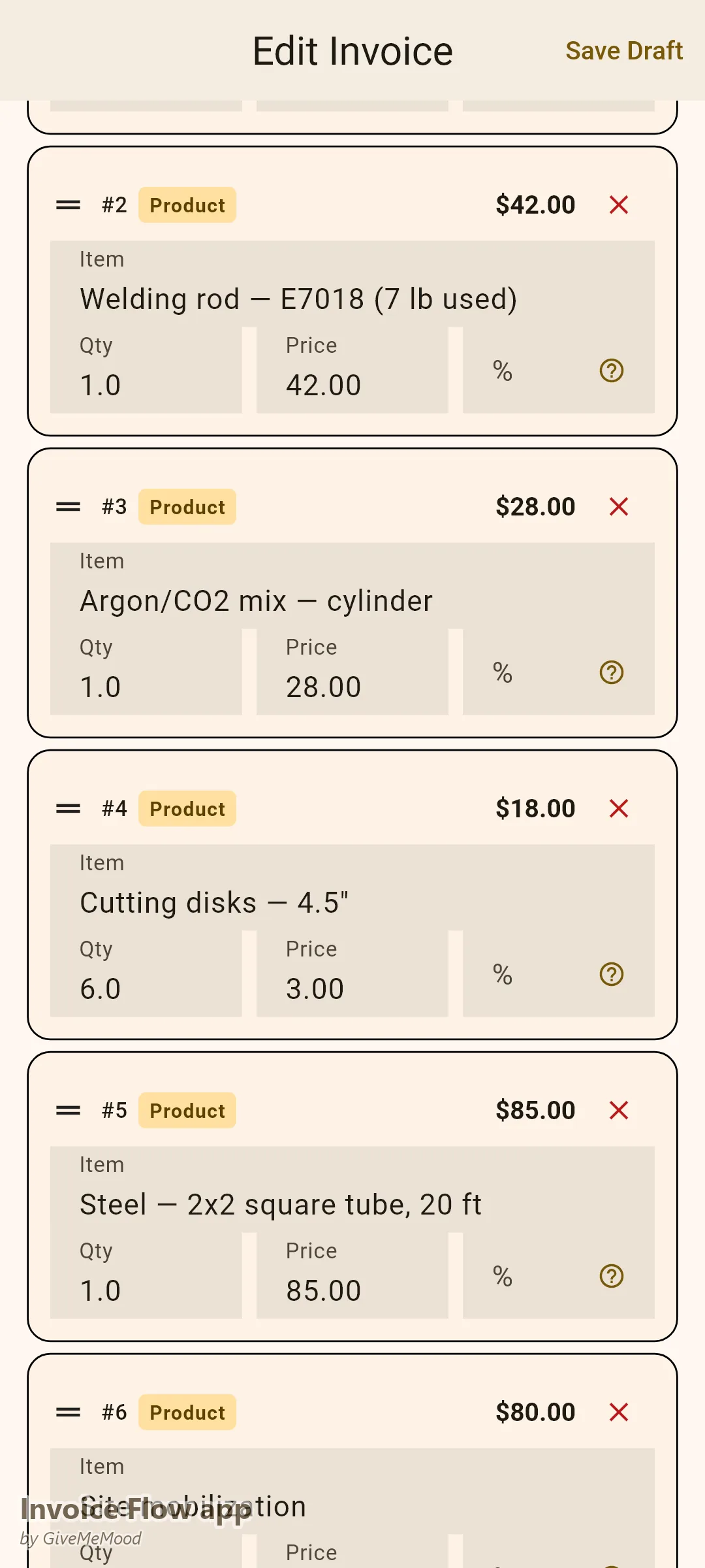 Invoice Flow app invoice editor of a welder — conveyor frame repair hours, E7018 rod, gas cylinder, cutting disks, steel tube and mobilization with certification refs in custom fields