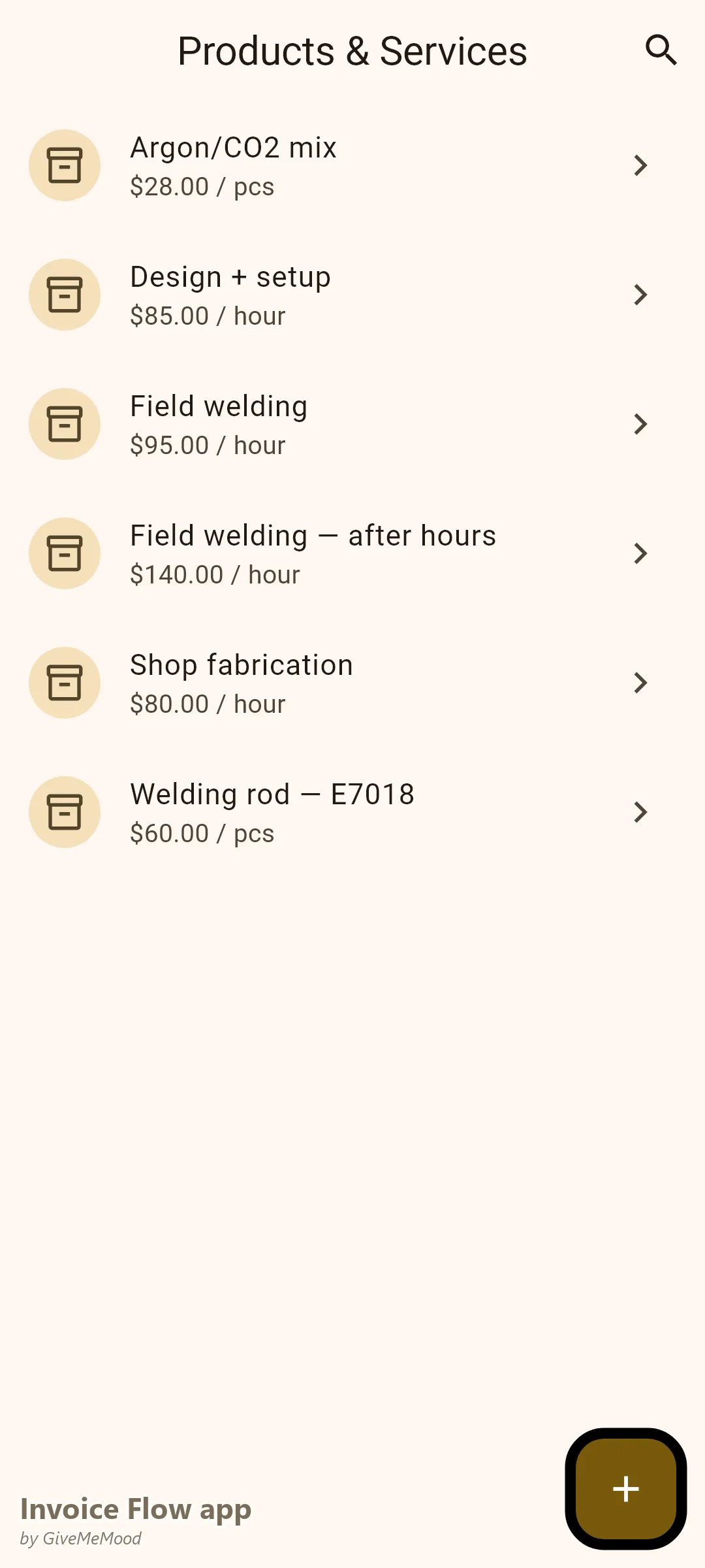 Invoice Flow app products screen of a welding business — field welding, shop fabrication and after-hours rates plus rod, gas and design-setup pricing