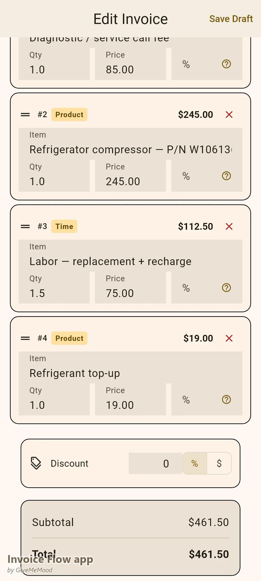 Invoice Flow app invoice editor of an appliance repair tech — service call fee, OEM compressor with part number, labor and refrigerant with part warranty in custom fields