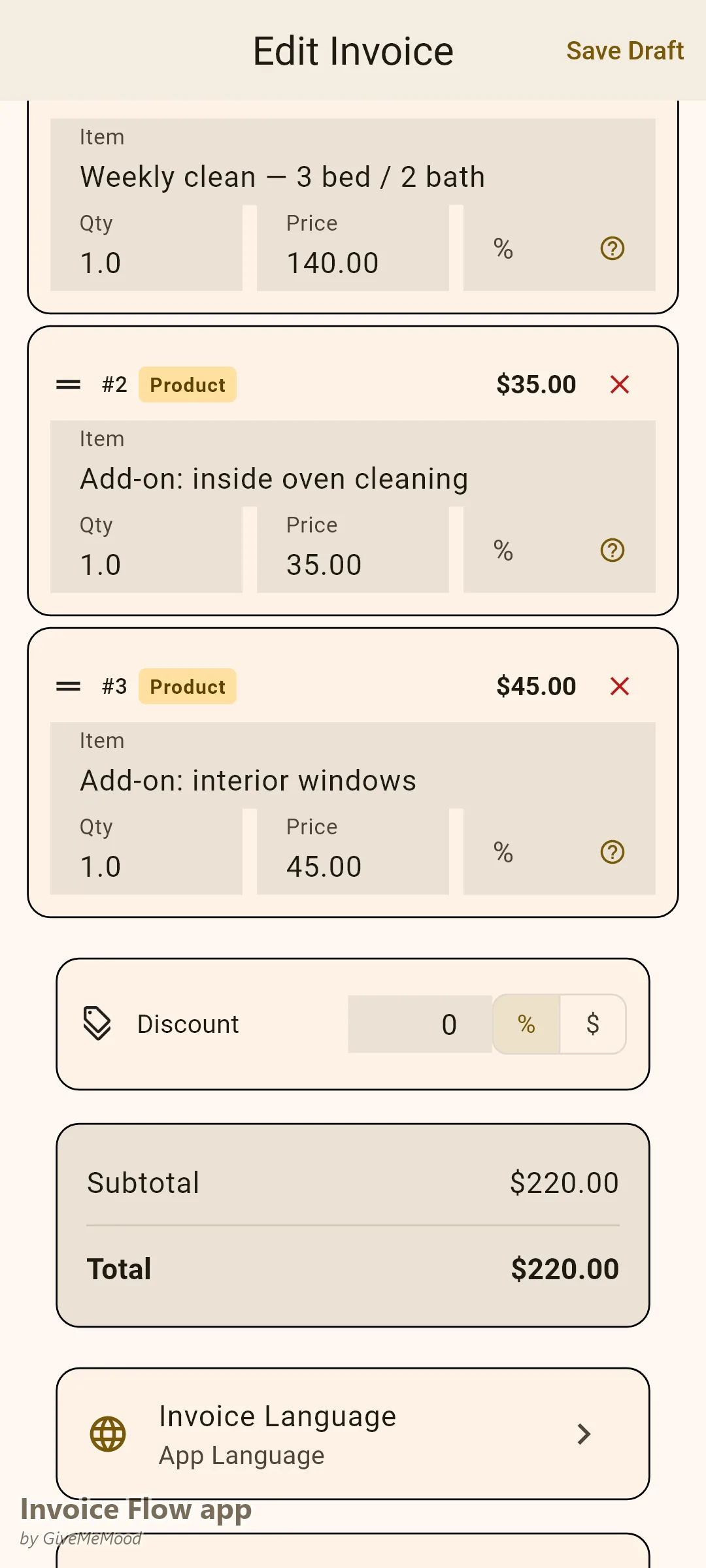 Invoice Flow app invoice editor of a cleaner — the standard weekly clean plus inside-oven and interior-window add-ons as separate lines