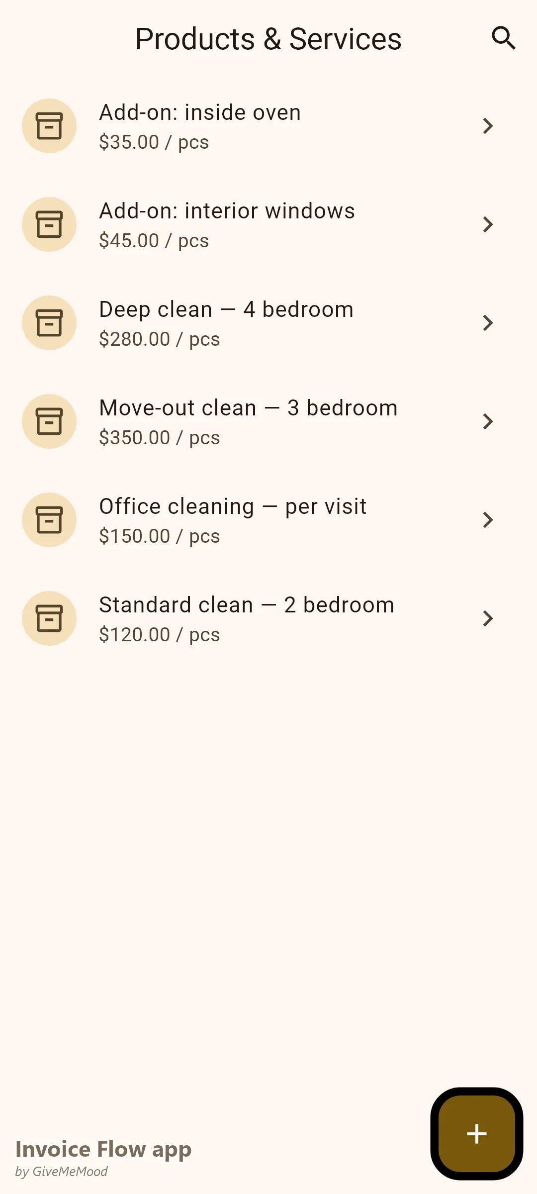 Invoice Flow app products screen of a cleaning business — standard and deep cleans, office visits, move-out flat rates and add-ons priced once