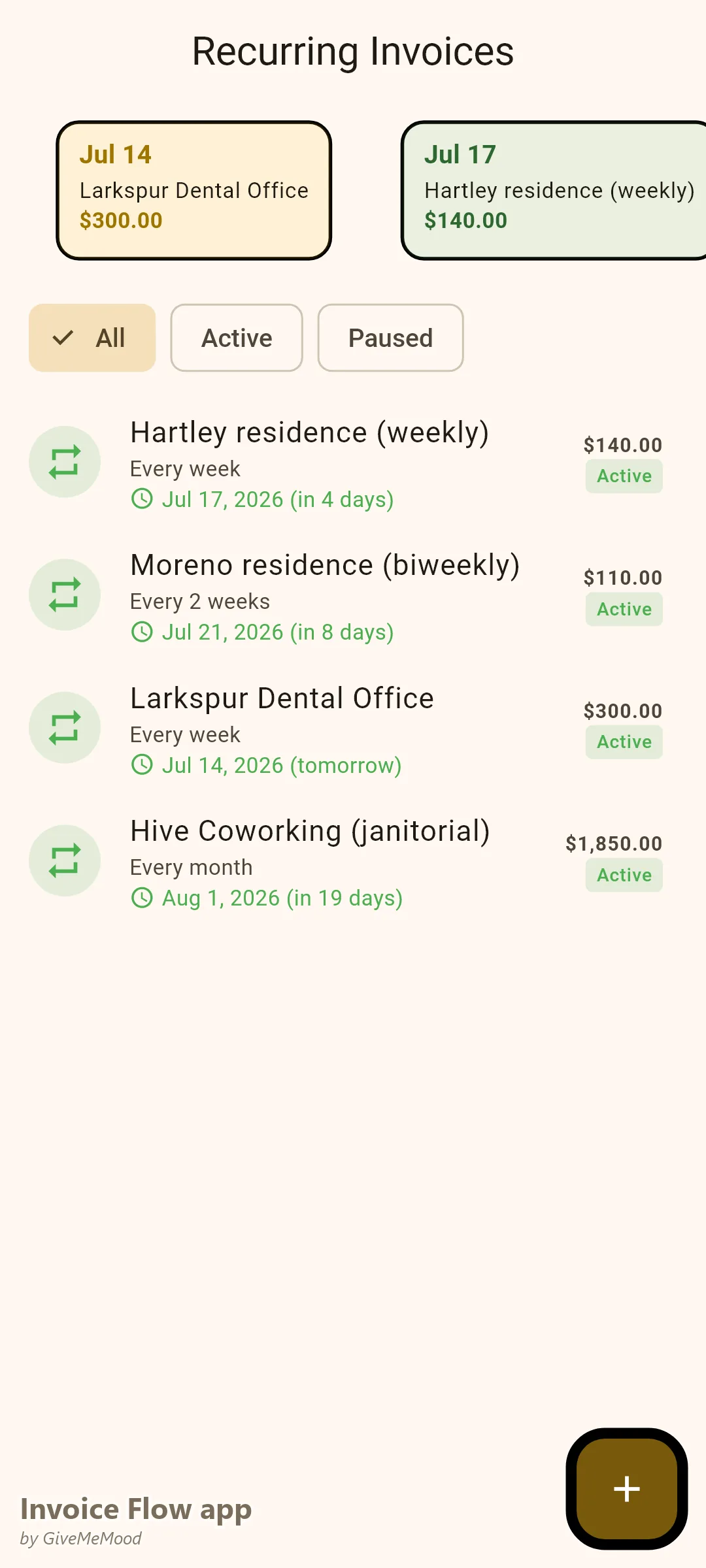 Invoice Flow app recurring invoices of a cleaning business — weekly and biweekly homes, a twice-a-week dental office and a monthly janitorial contract billing automatically