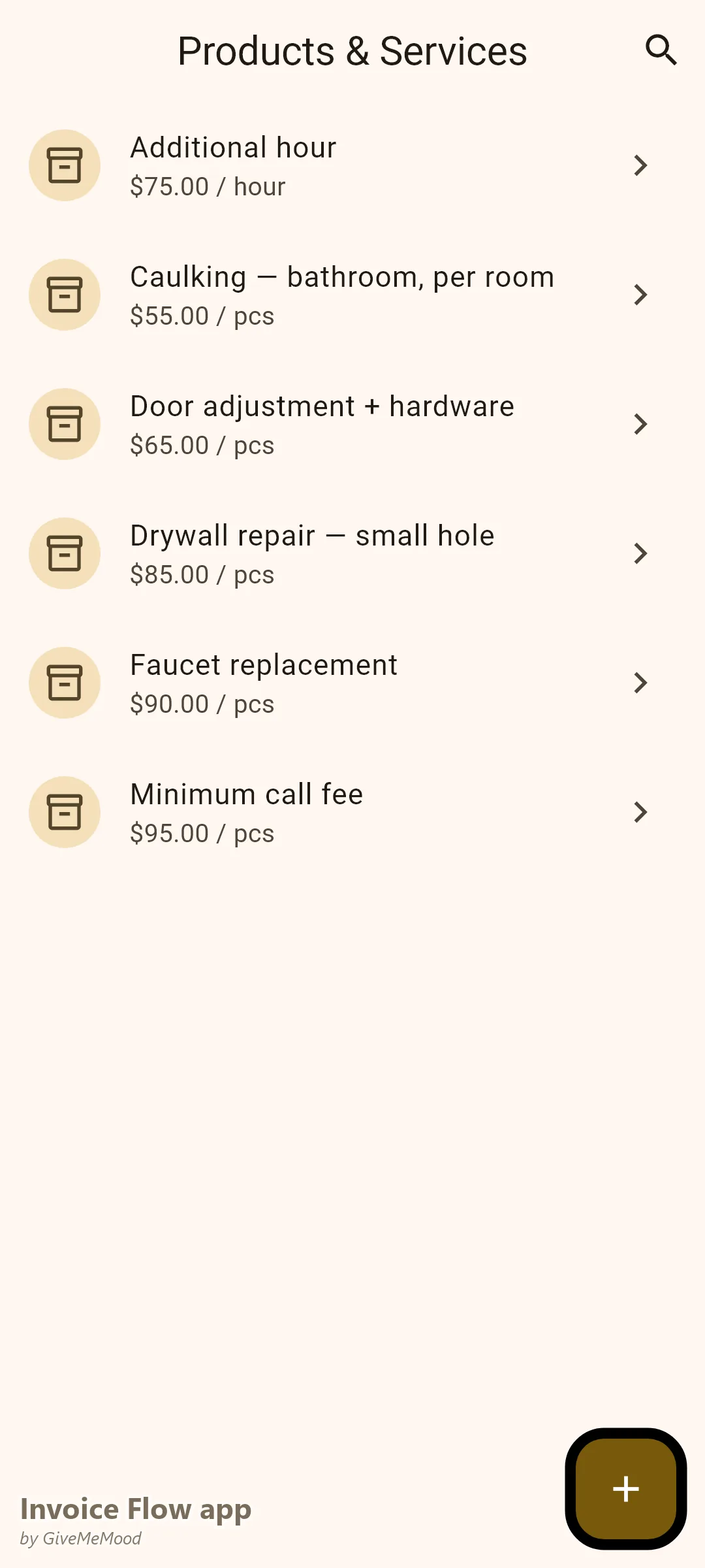 Invoice Flow app products screen of a handyman — minimum call fee, hourly rate, drywall repair, faucet replacement, door adjustment and caulking