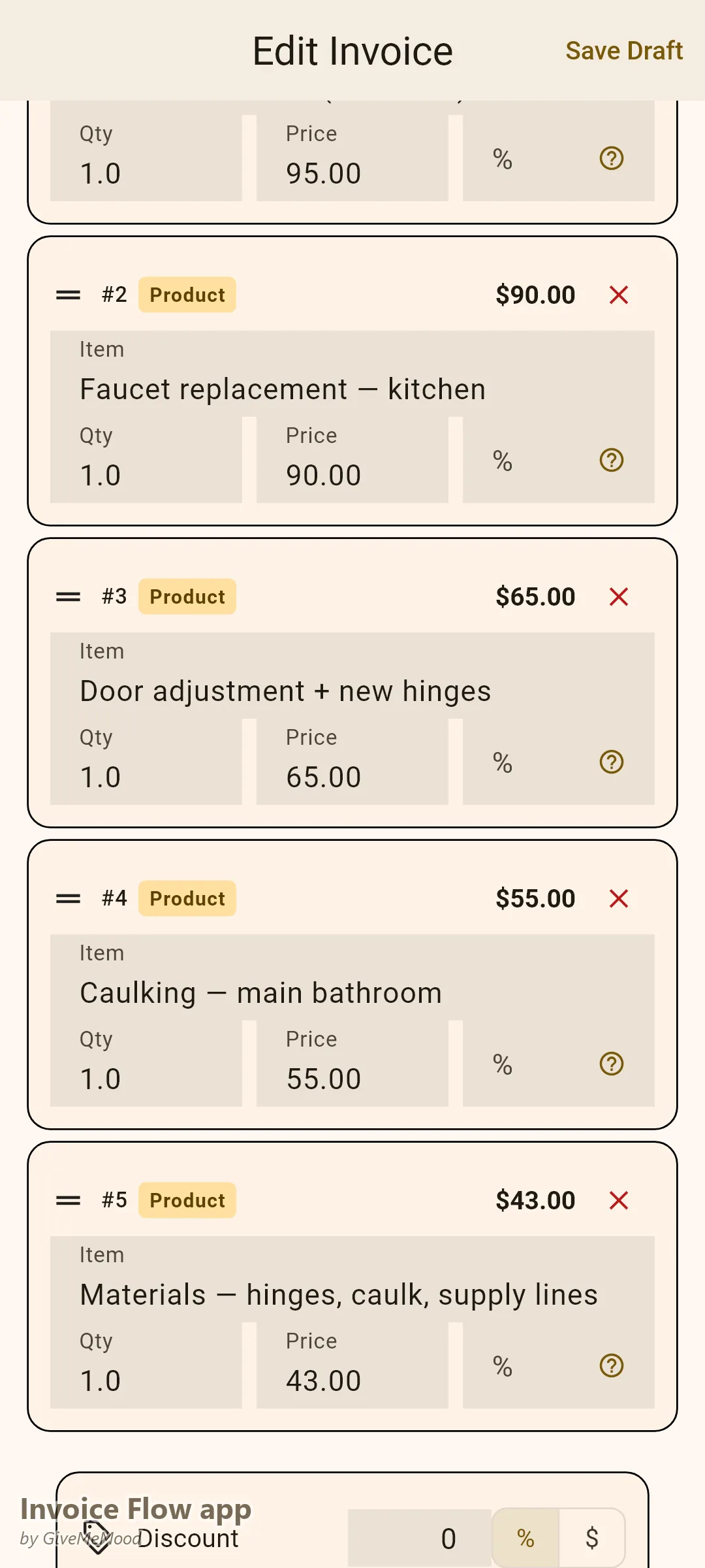 Invoice Flow app invoice editor of a handyman — call fee, kitchen faucet replacement, door hinges, bathroom caulking and small materials