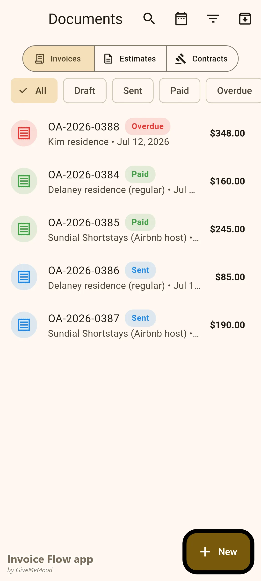 Invoice Flow app invoice list of a handyman — five jobs across a regular client, a new customer and an Airbnb host, paid and pending