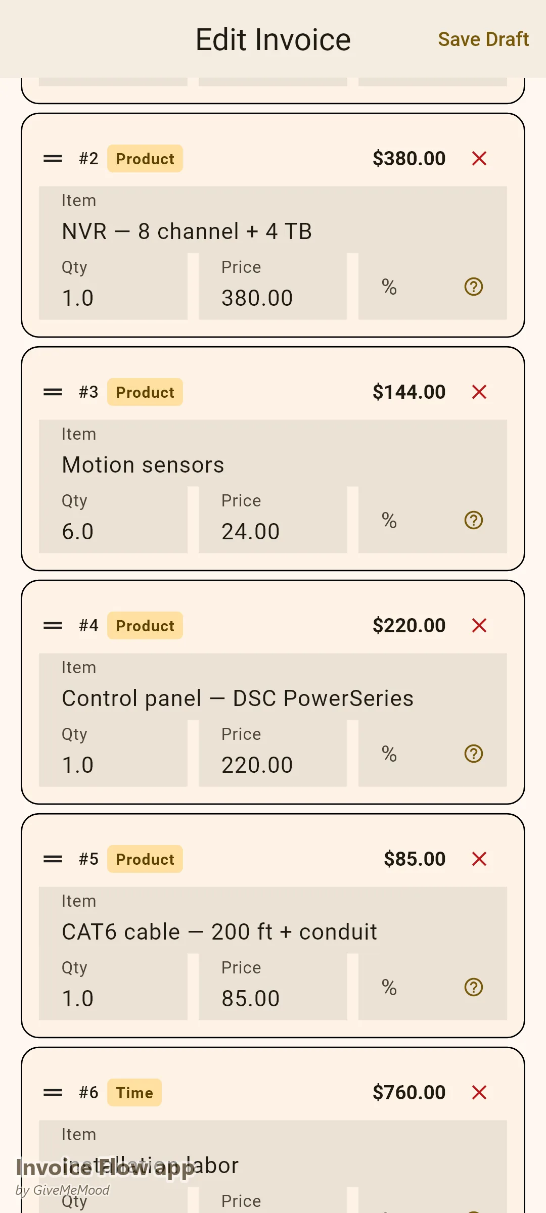 Invoice Flow app invoice editor of a security installer — four 4K cameras, NVR, sensors, control panel, cabling and 8 hours of labor with serials and warranty in custom fields