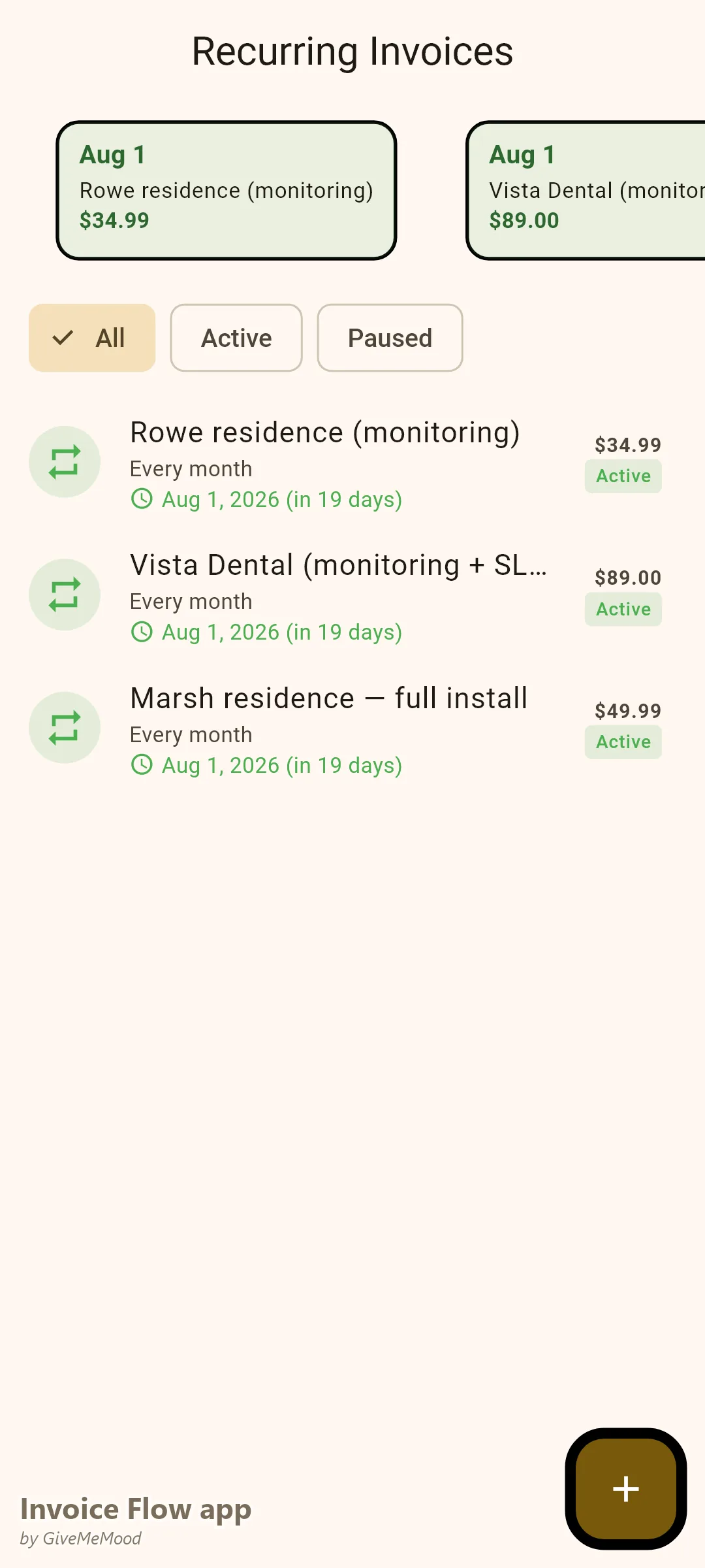 Invoice Flow app recurring invoices of a security company — residential and premium monitoring plans plus a commercial contract with SLA, all monthly
