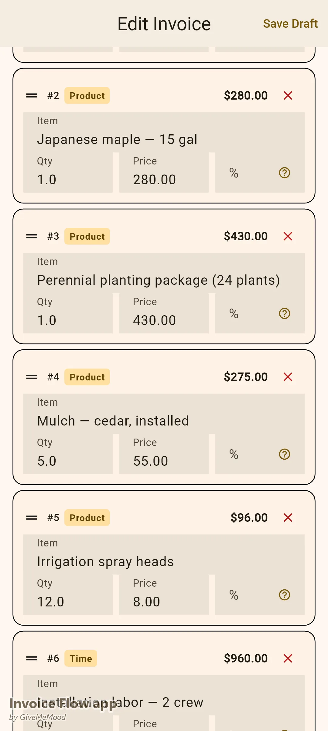 Invoice Flow app invoice editor of a landscaper — river rock by the cubic yard, a Japanese maple, perennial package, cedar mulch, irrigation heads and crew labor
