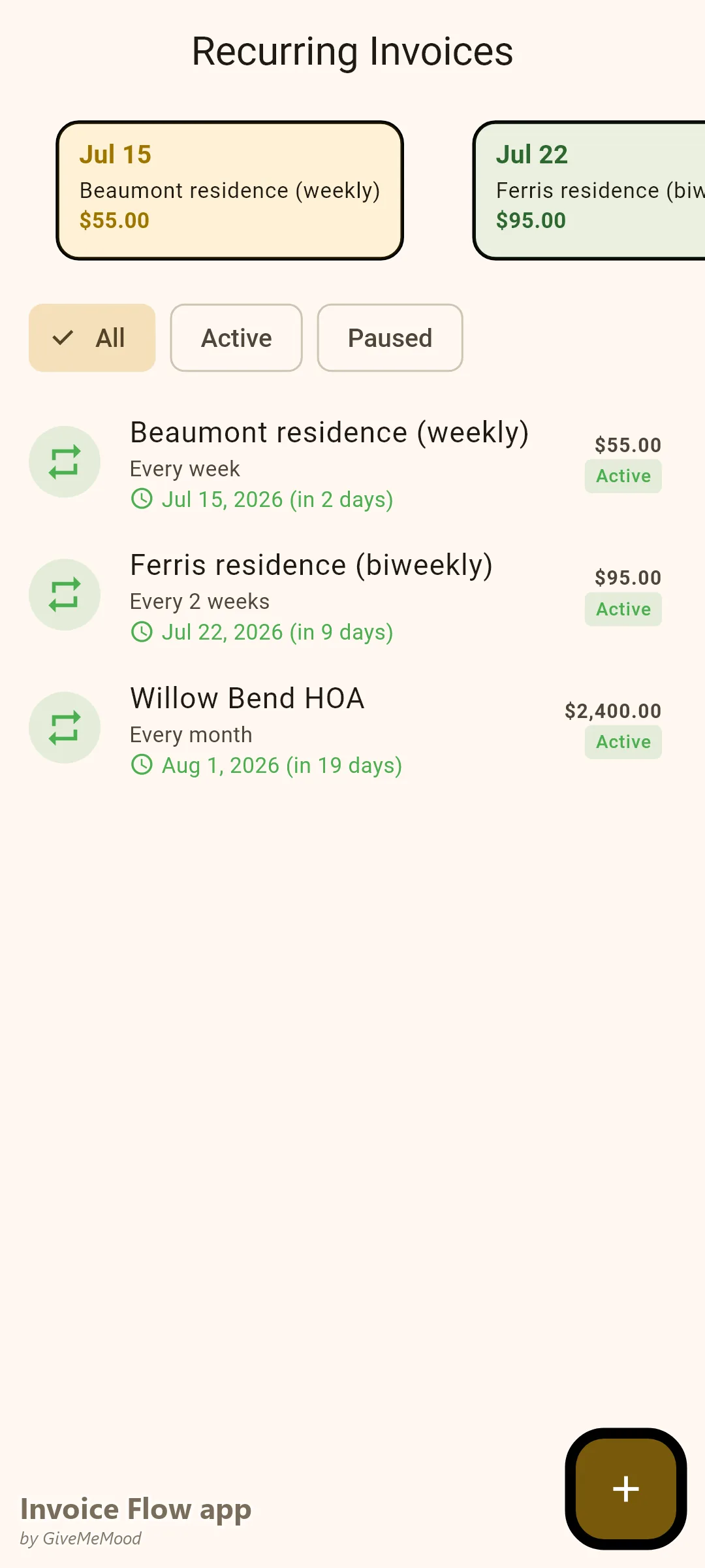 Invoice Flow app recurring invoices of a landscaping company — weekly and biweekly residential maintenance and a monthly HOA grounds contract