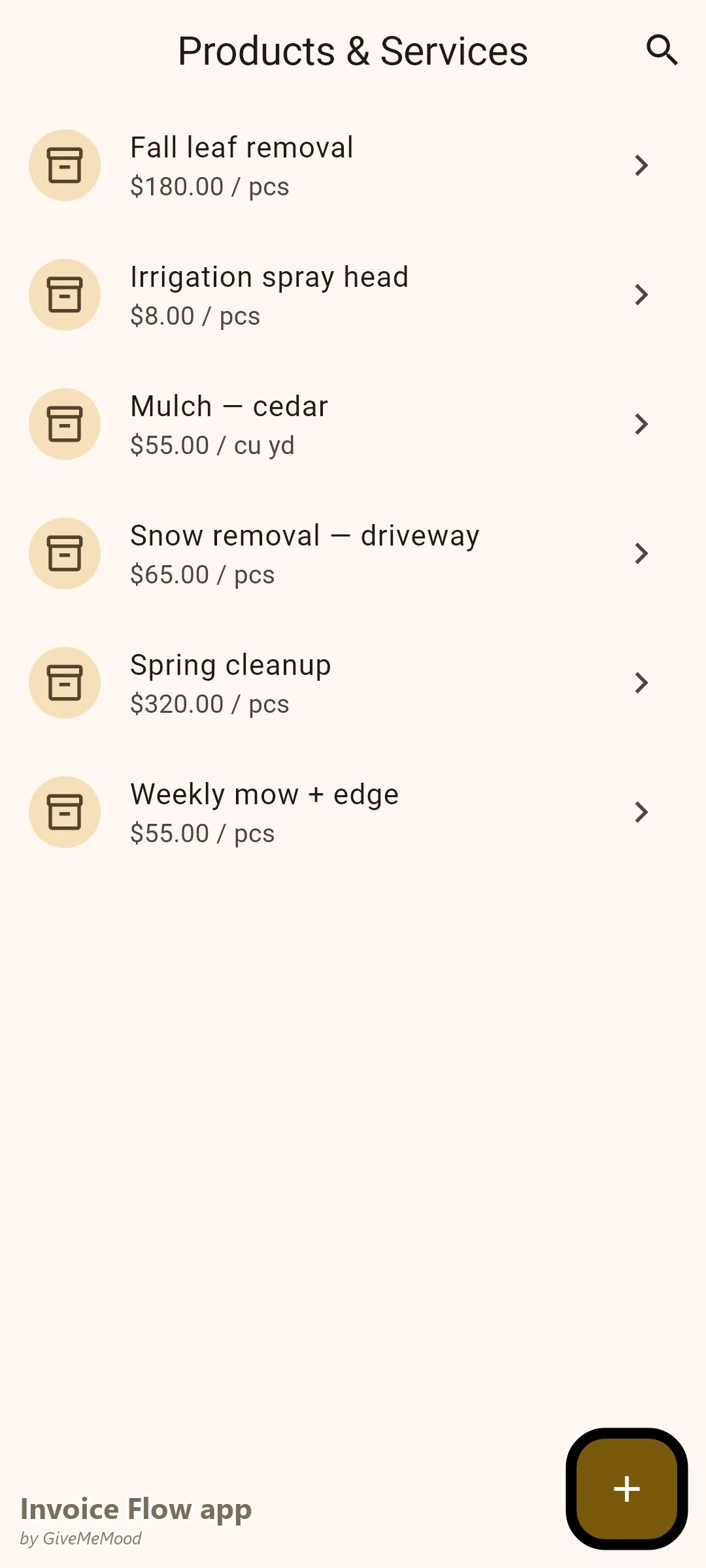 Invoice Flow app products screen of a landscaper — weekly mow, spring cleanup, fall leaf removal, mulch, irrigation heads and per-push snow removal