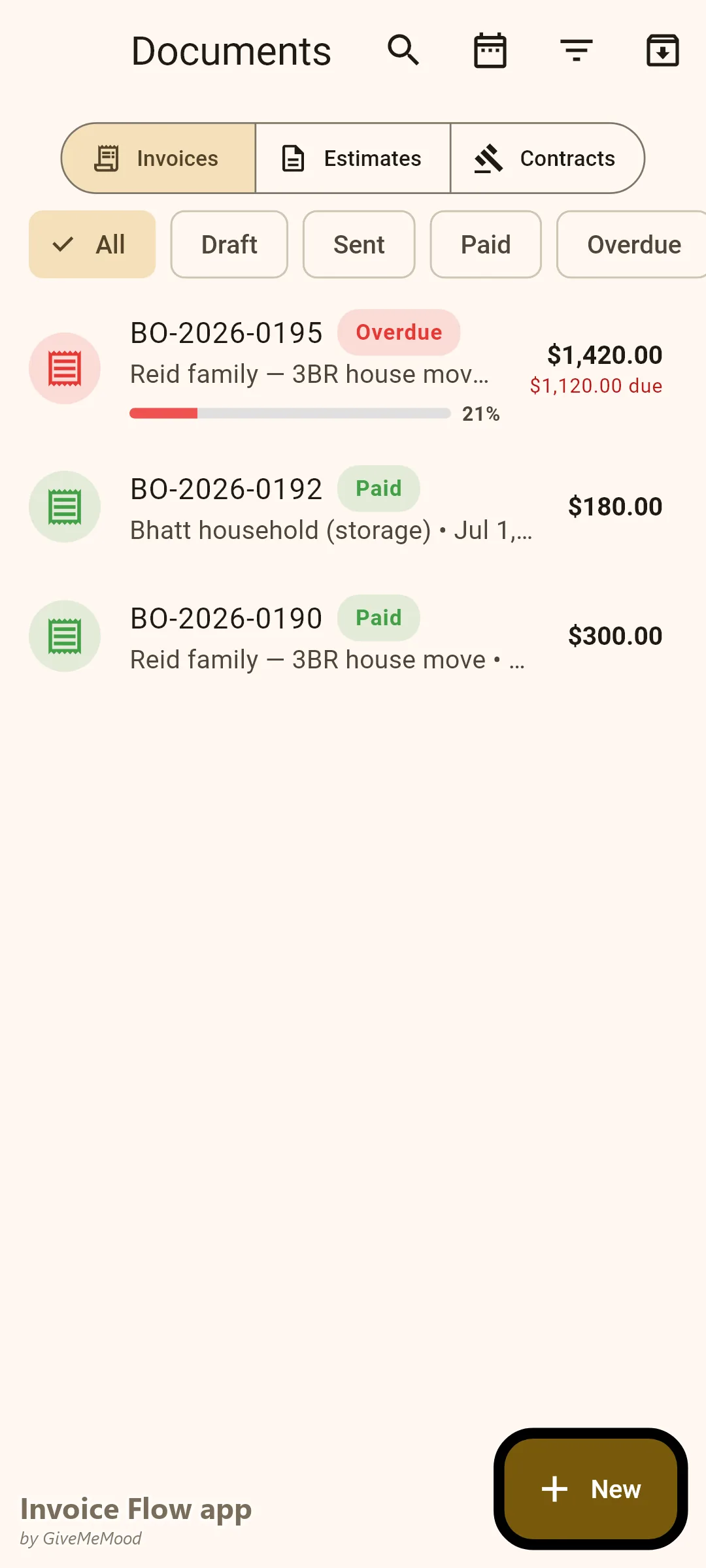 Invoice Flow app documents of a moving company — a house move with deposit paid, an office relocation quote out and monthly storage invoices