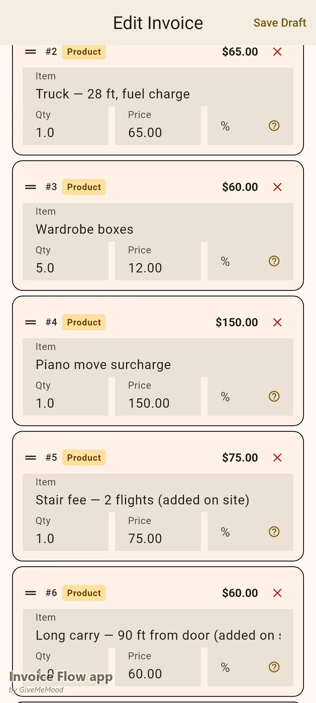 Invoice Flow app invoice editor of a moving company — 3-man crew hours, truck fuel, wardrobe boxes, a piano surcharge and on-site stair and long-carry fees with deposit recorded