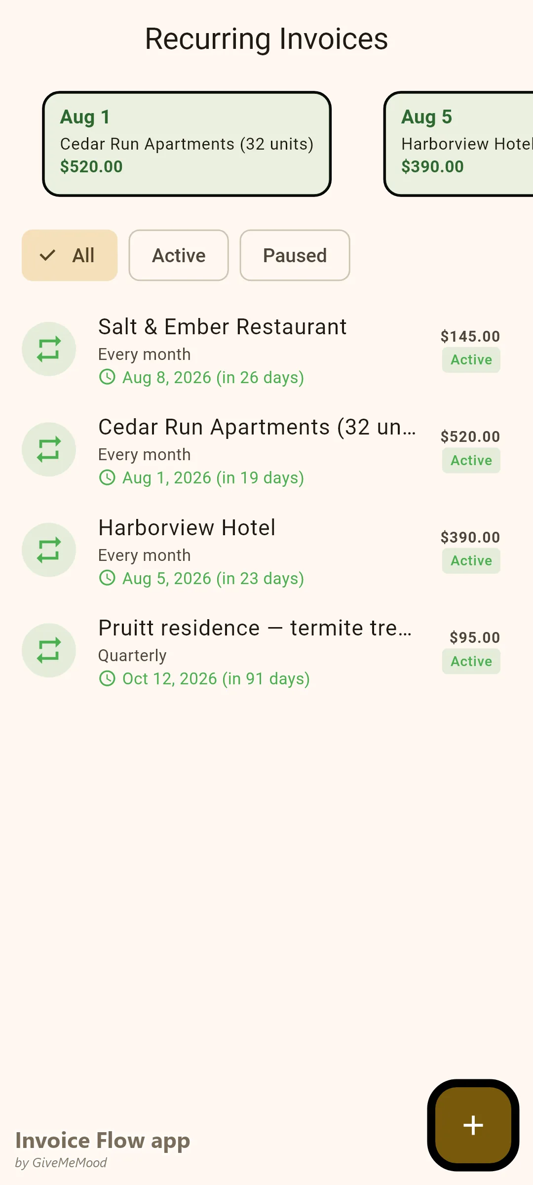 Invoice Flow app recurring invoices of a pest control company — monthly restaurant, apartment and hotel programs plus a quarterly termite prevention plan