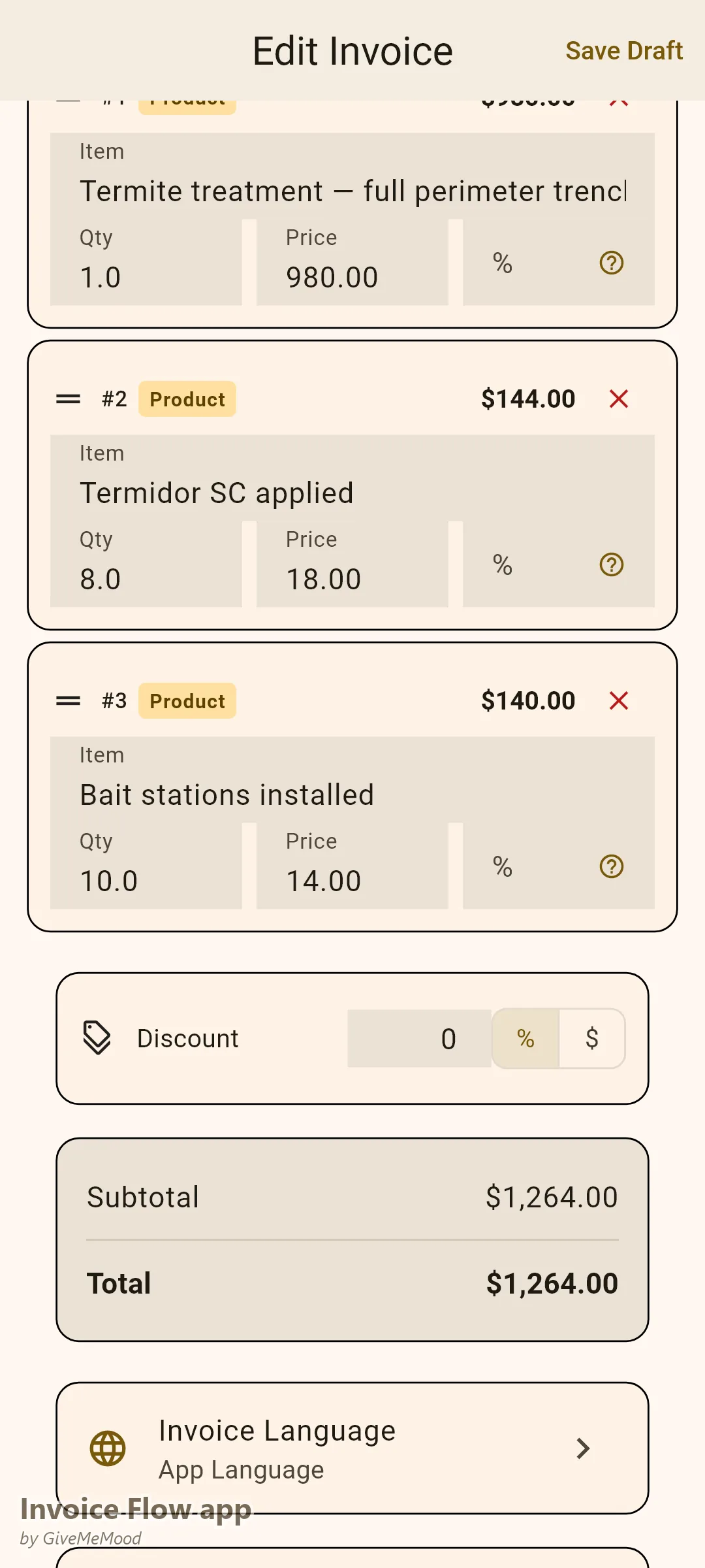 Invoice Flow app invoice editor of a pest control company — perimeter termite treatment, chemicals by the ounce and bait stations with treatment details and warranty documented