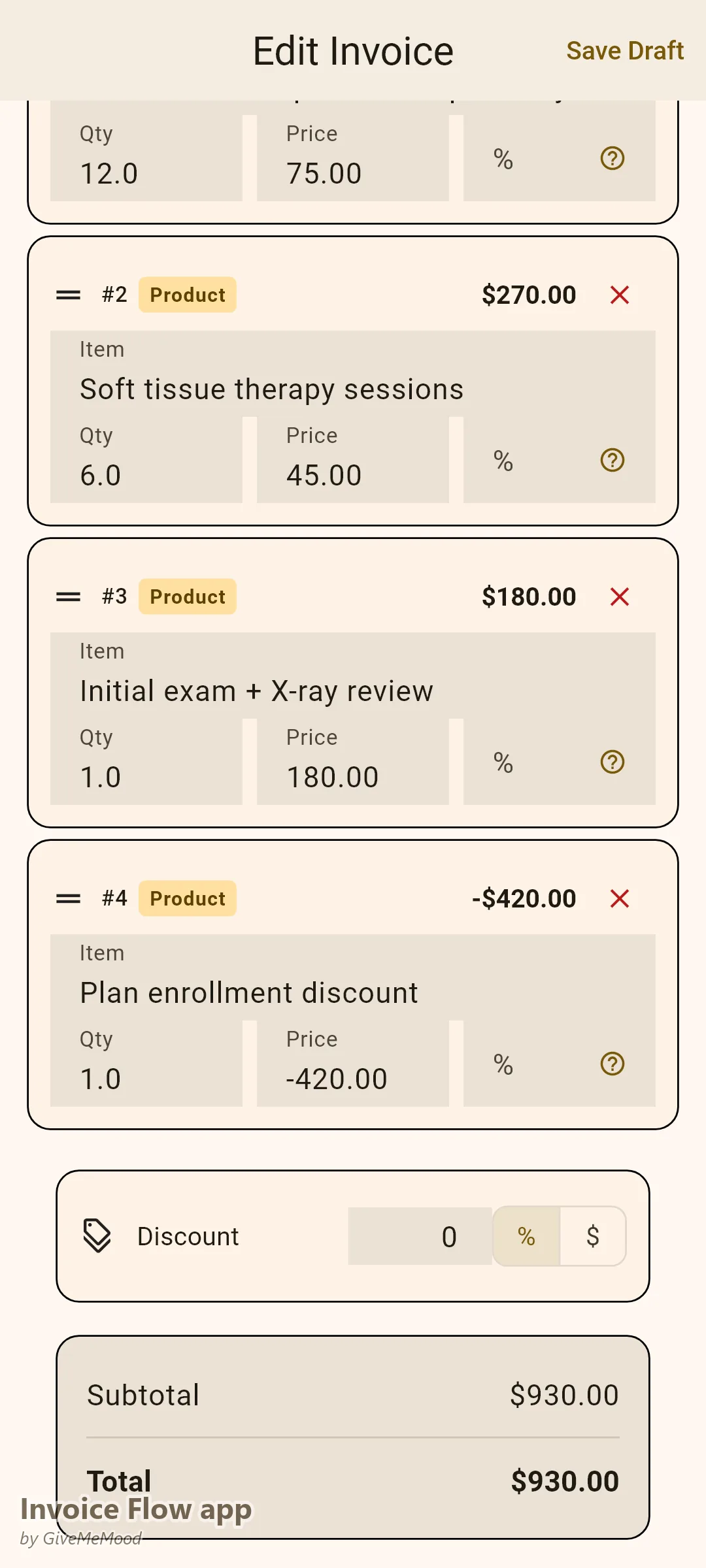 Invoice Flow app invoice editor of a cash-pay chiropractor — 12 adjustments, therapy sessions, initial exam and an enrollment discount with NPI and HSA eligibility documented