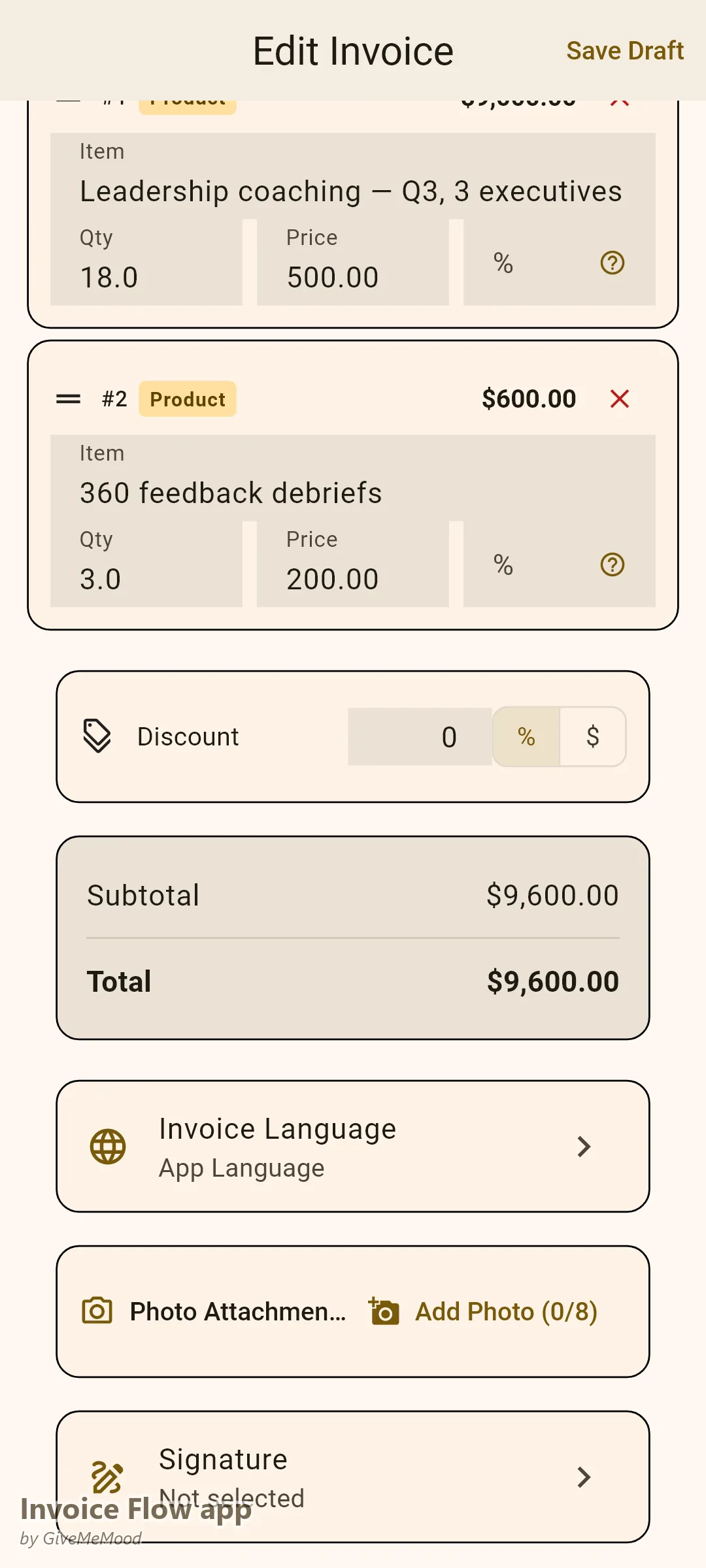 Invoice Flow app invoice editor of a life coach — a Q3 leadership program for three executives with per-session pricing and 360 debriefs, project code in custom fields