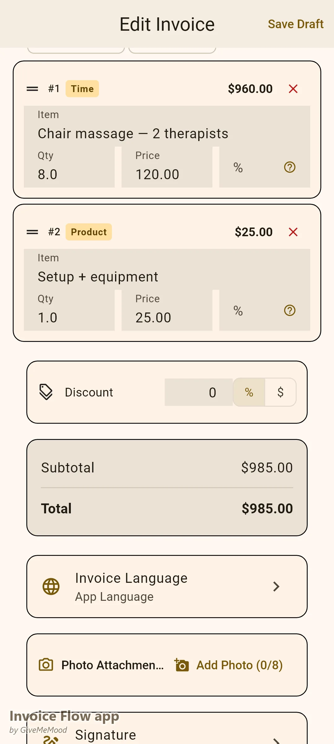 Invoice Flow app invoice editor of a massage therapist — two therapists at a per-hour corporate rate plus setup with event details in custom fields