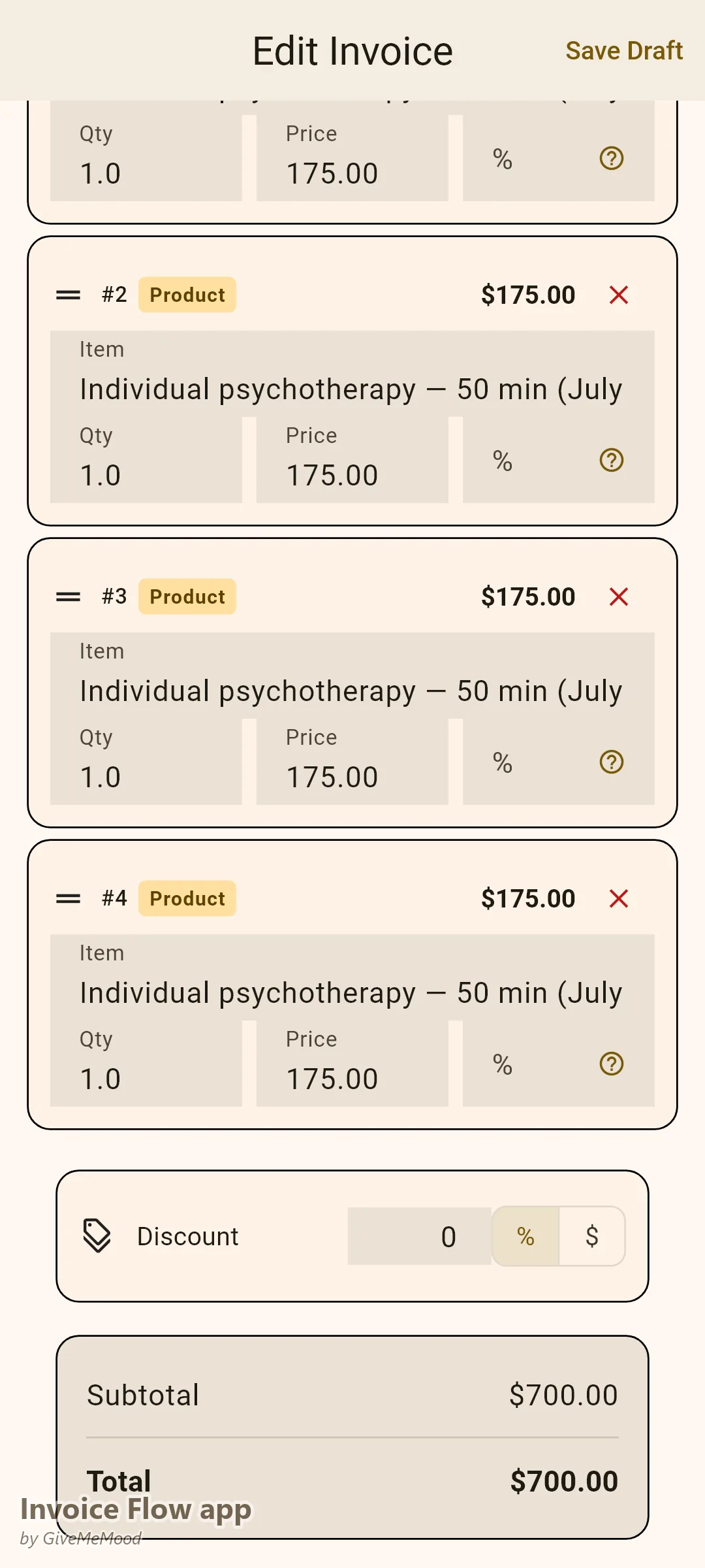 Invoice Flow app invoice editor of a private-practice therapist — four dated 50-minute psychotherapy sessions on one statement with NPI, license and CPT reference