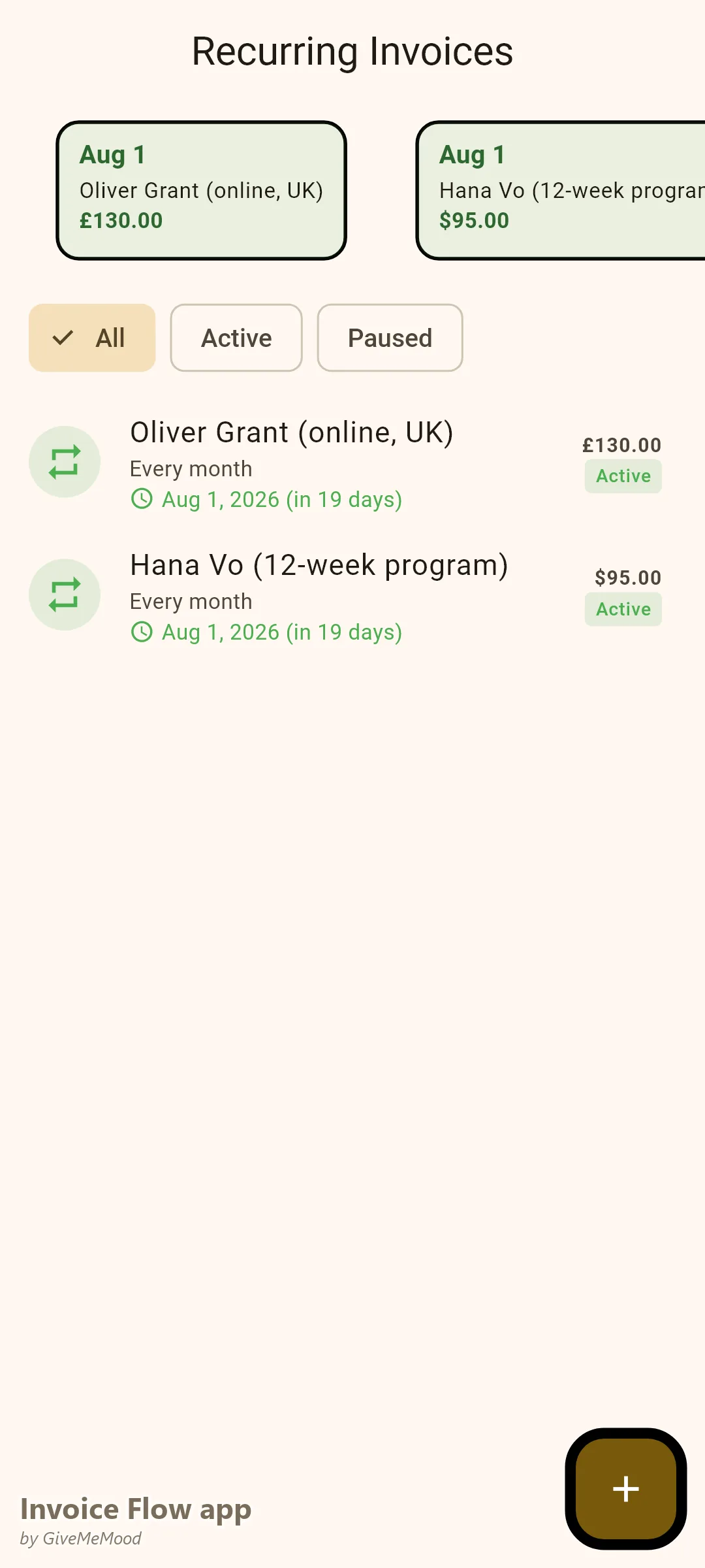 Invoice Flow app recurring invoices of a nutritionist — an online UK client coached in GBP and a maintenance client in USD, both billing monthly