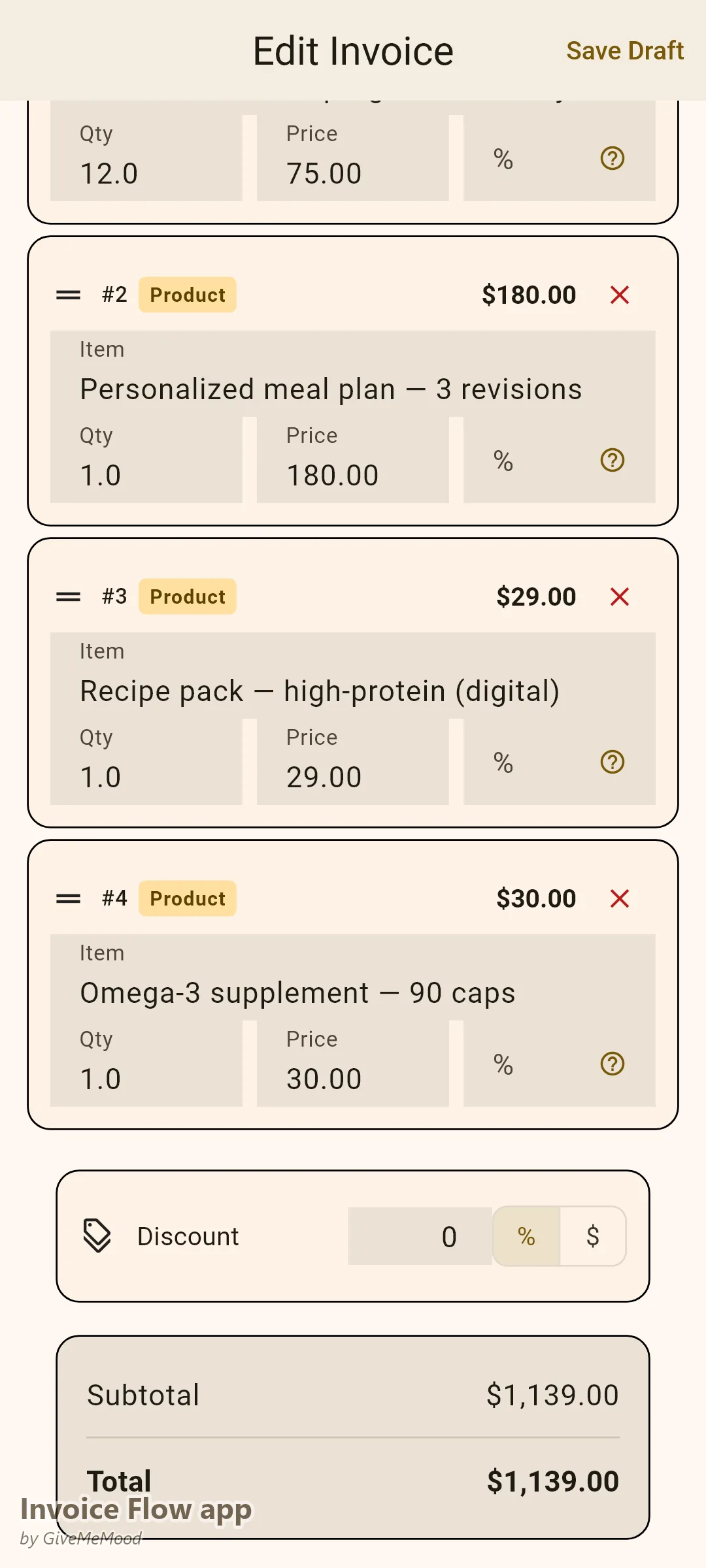 Invoice Flow app invoice editor of a nutritionist — twelve weekly consults, a personalized meal plan, a digital recipe pack and a supplement with installment schedule documented